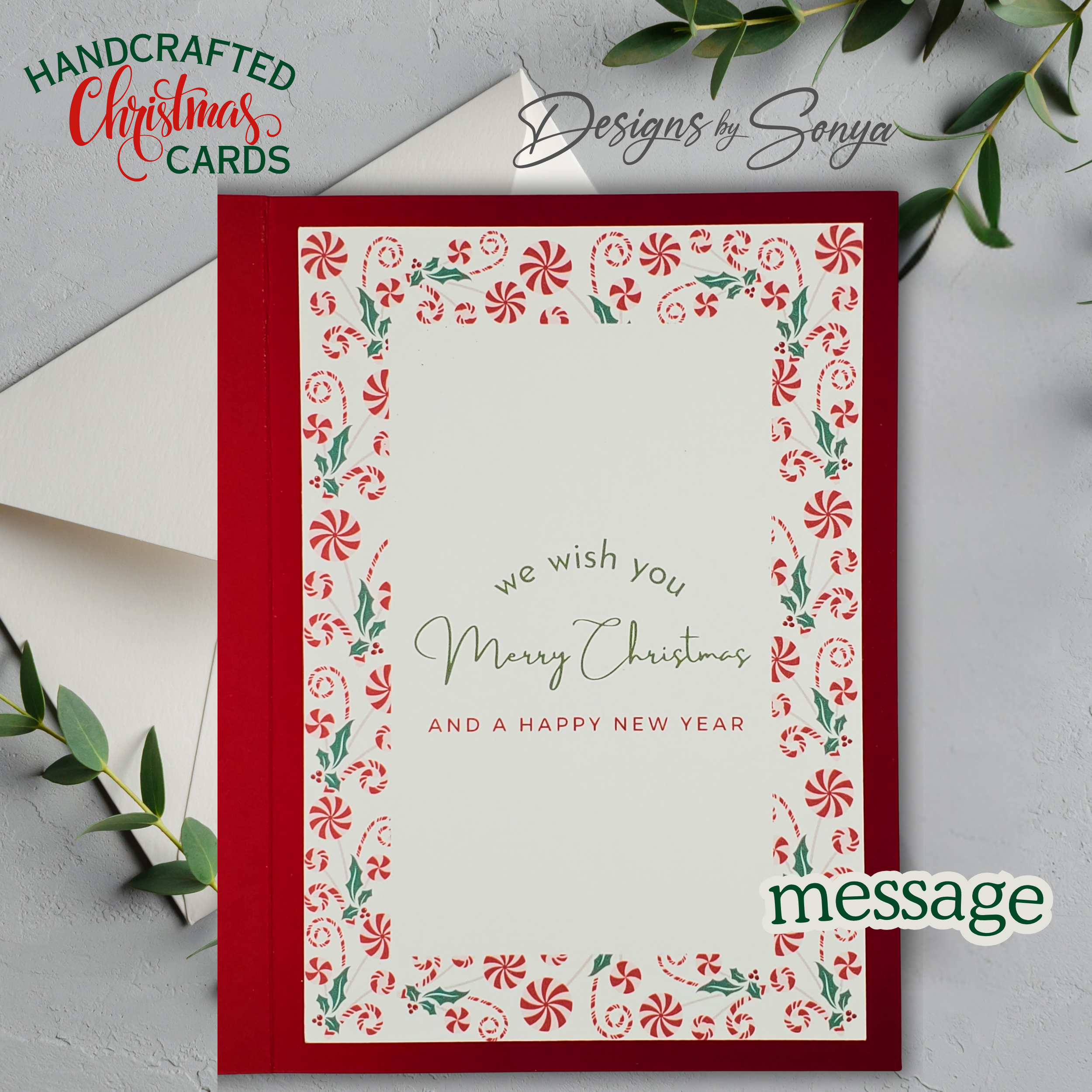 Limited Edition Candy Cane Christmas Card – Handmade A7 Holiday Greeting with Green Bows – 5x7” Peppermint-Themed Keepsake