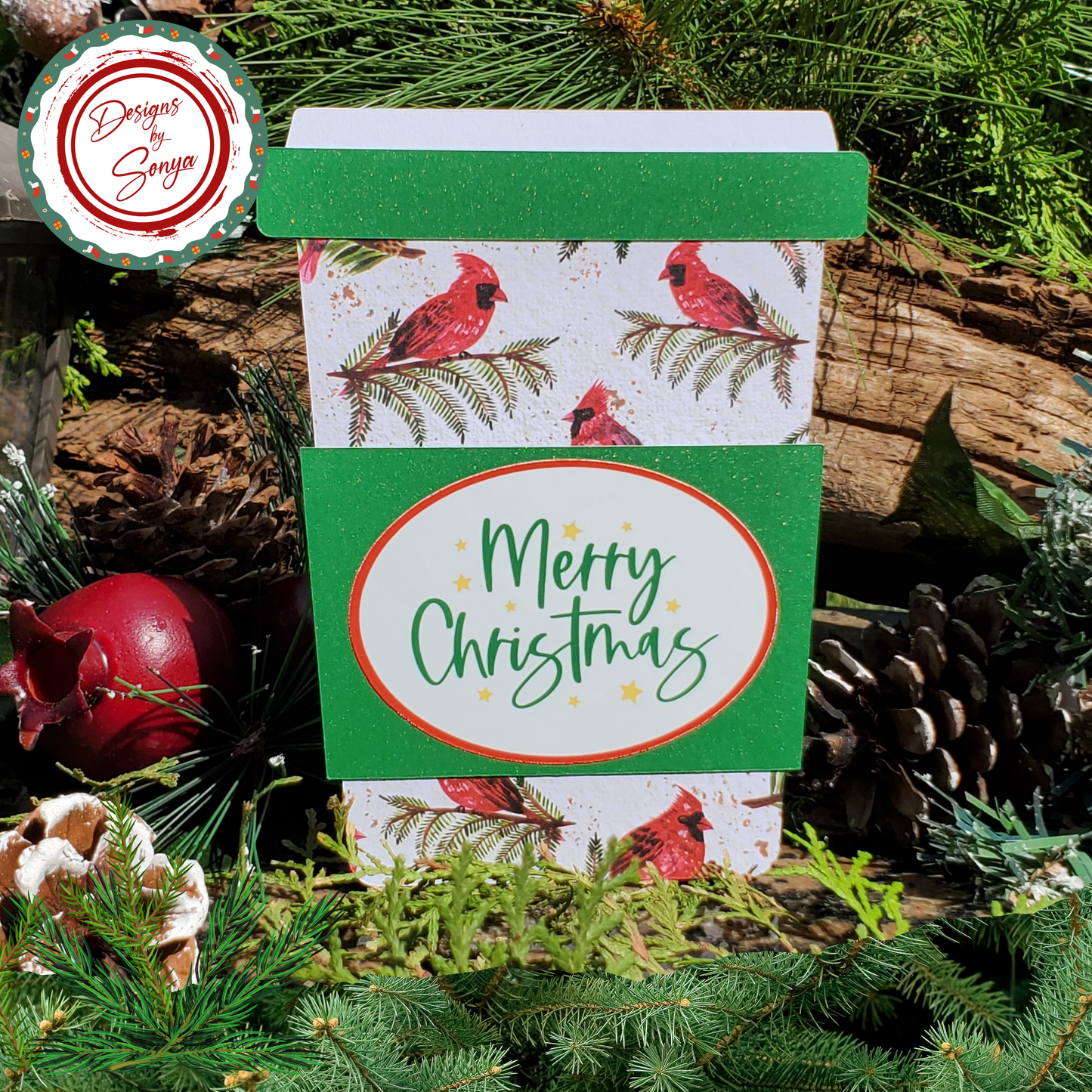 Cardinal Merry Christmas Gift Card Holder – Coffee Cup Style with Green Glitter Sleeve & A2 Envelope – Holiday Gift for Nature Lovers