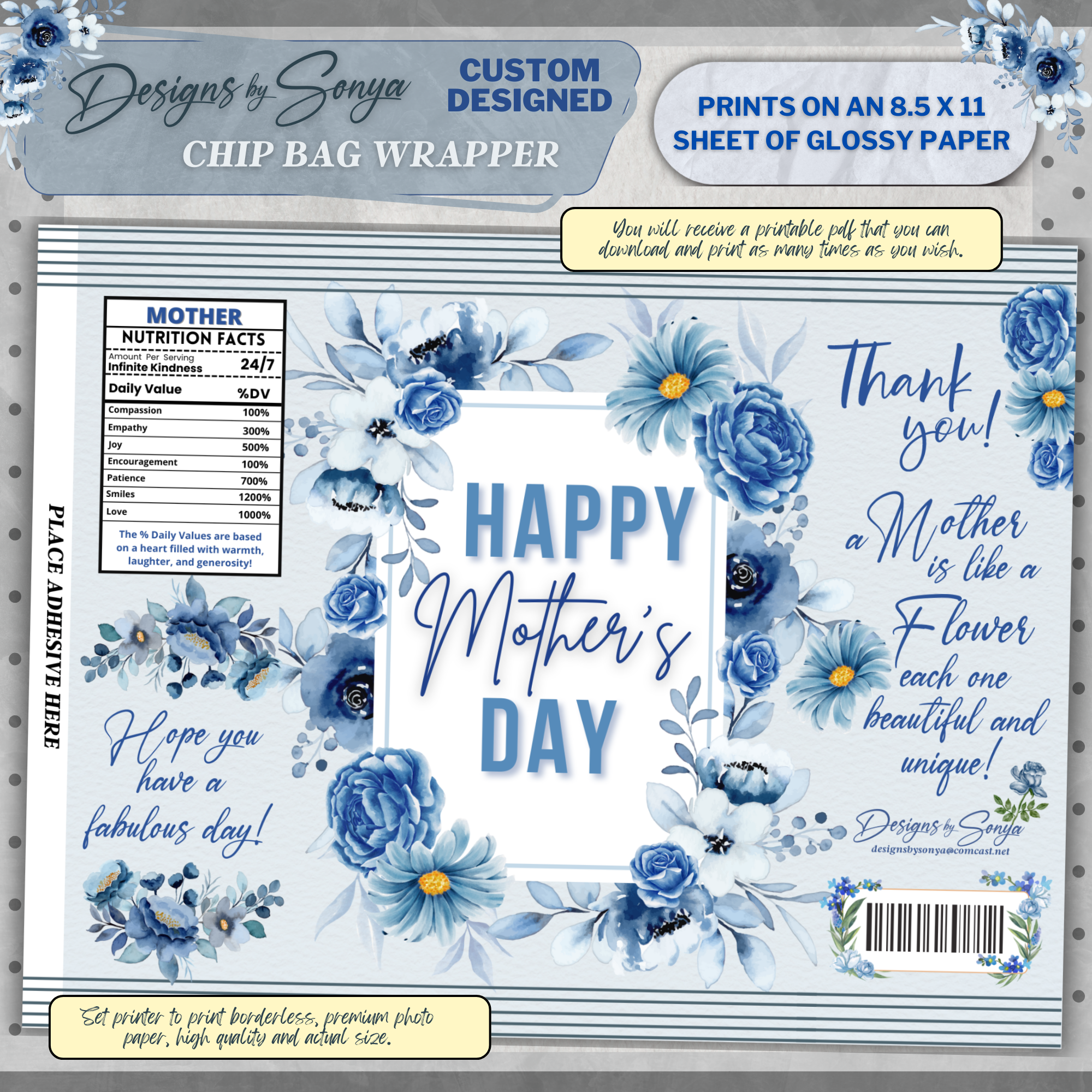 Custom Designed Mother's Day Chip or Treat Bag Wrapper | Party Favor | Simple | Unique | Mom Gift | Instant Download | Print at Home