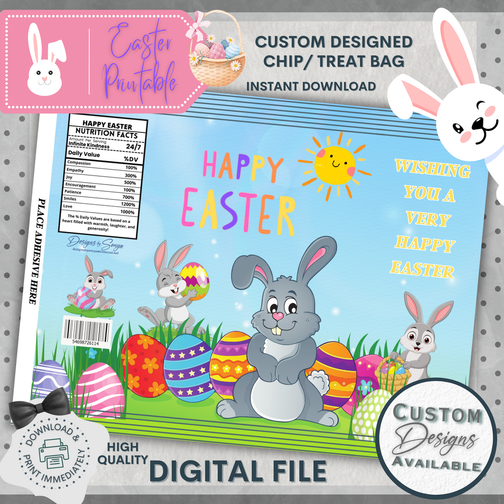 Custom Designed Easter Bunny Chip or Treat Bag | Classroom Party Favor | Simple | Unique | Teacher Gift | Instant Download | Print at Home