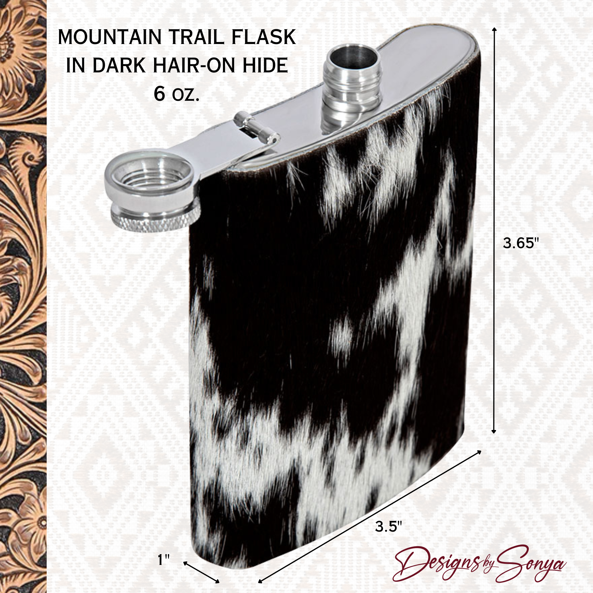 Mountain Trail Flask in Dark Hair-on Hide | Unique Natural Markings | Black and White | Myra Bags | S-8476