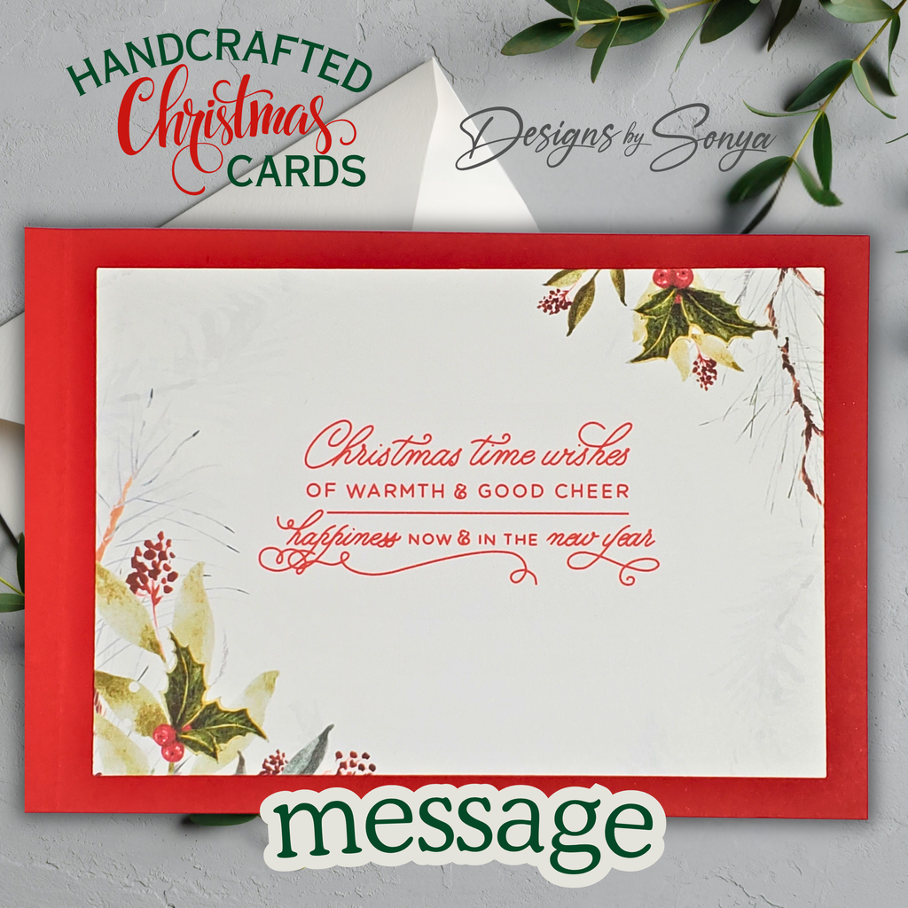 Handcrafted Red Base Merry Christmas Card – Green Glitter Holly Design, Holiday Greeting Message, Limited Edition Keepsake
