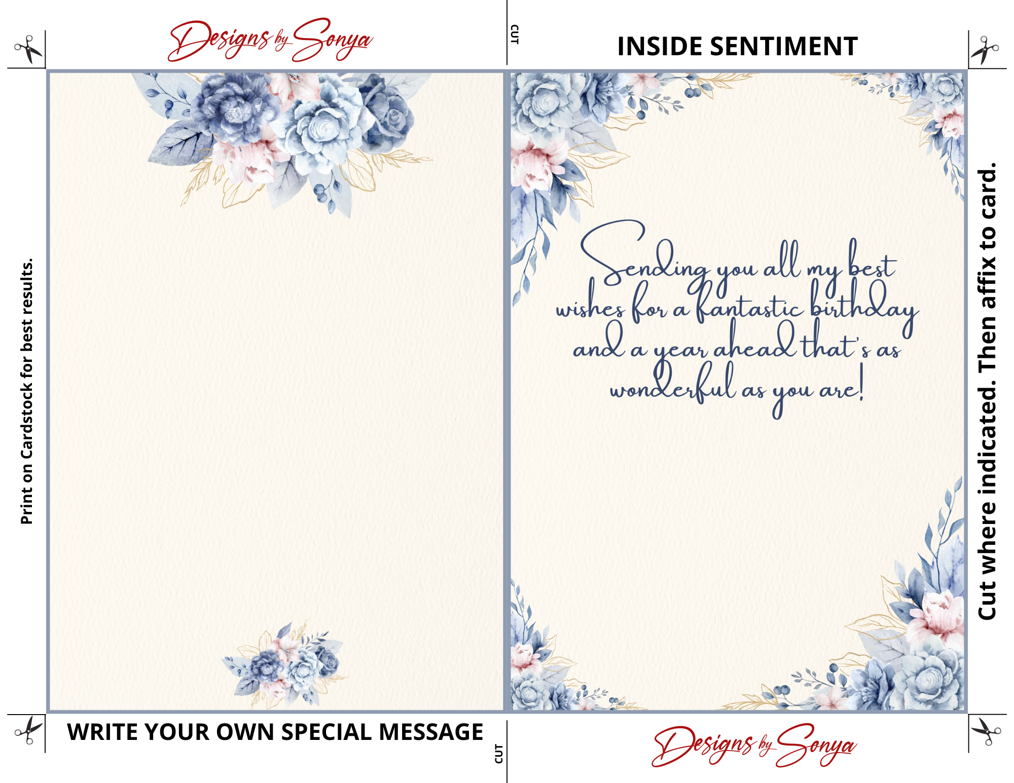 Blue Floral Birthday Card 5x7 | Printable Birthday Card | Watercolor Cake Design | Fits A7 Envelope | Digital Download | Print at Home