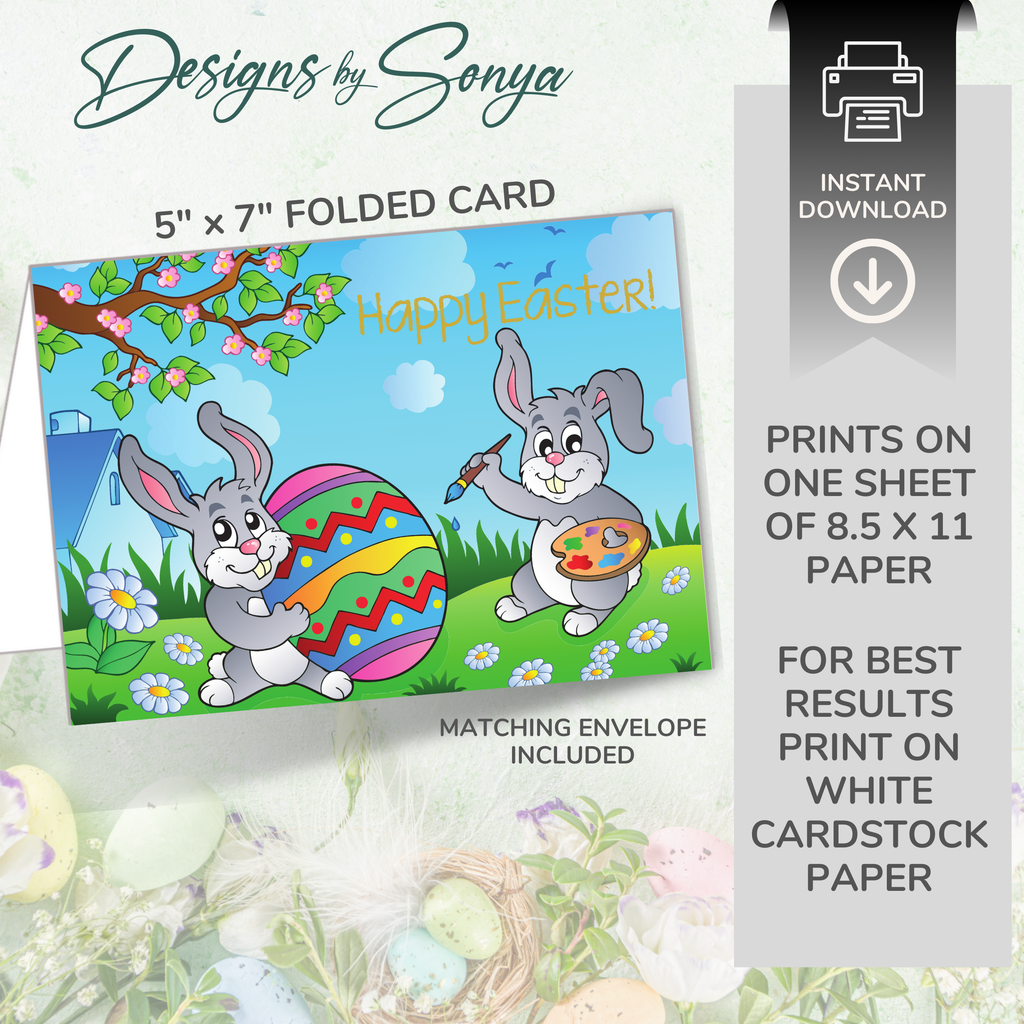 Custom Designed Printable Happy Easter Greeting Card & Envelope for Kids | DIY Digital Download | Holiday Greetings Playful Bunnies Decorating Vibrant Eggs