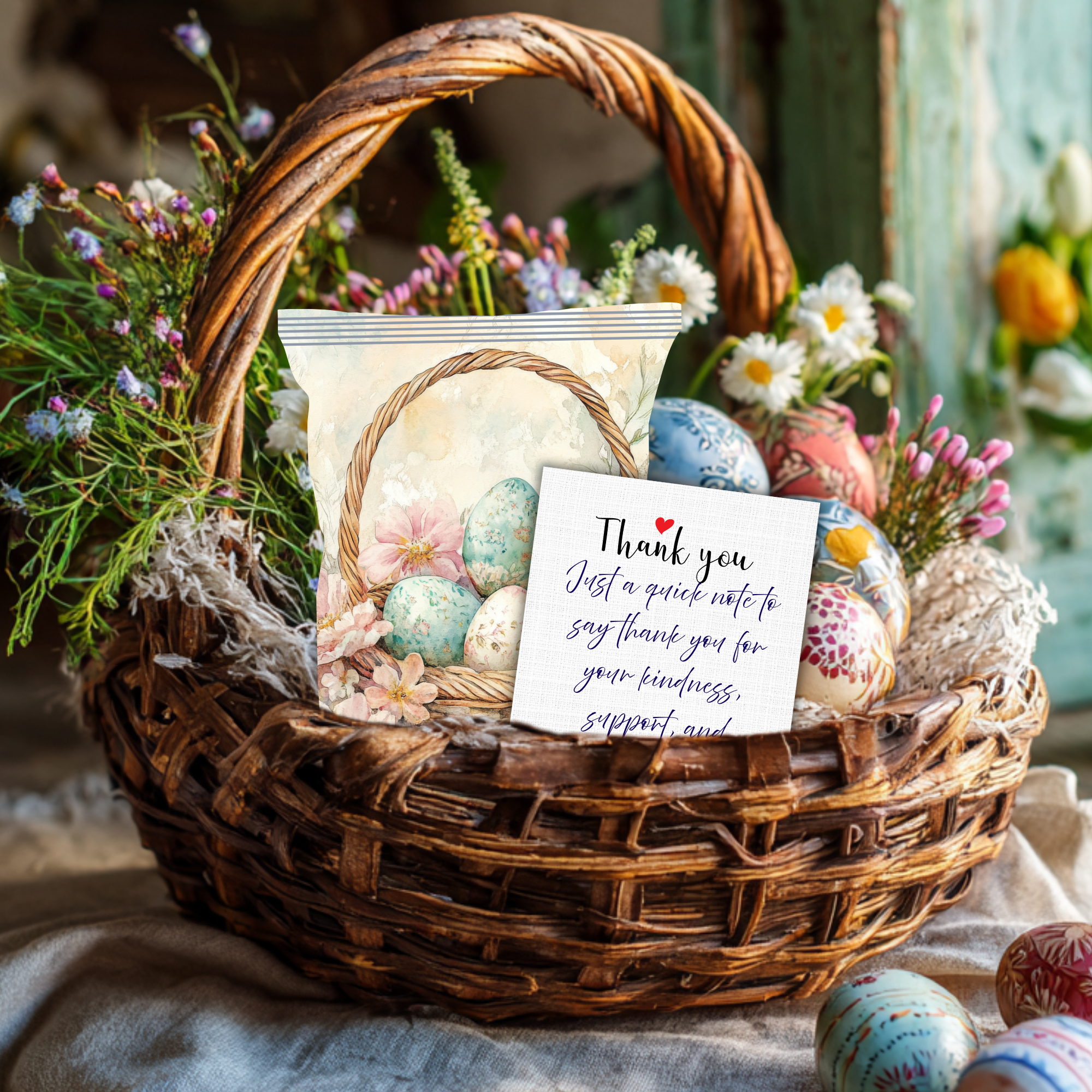 Easter Basket Chip Bag Wrapper Printable – Watercolor Eggs Floral Treat Bag – DIY Spring Easter Basket Party Favor – Snack Wrapper