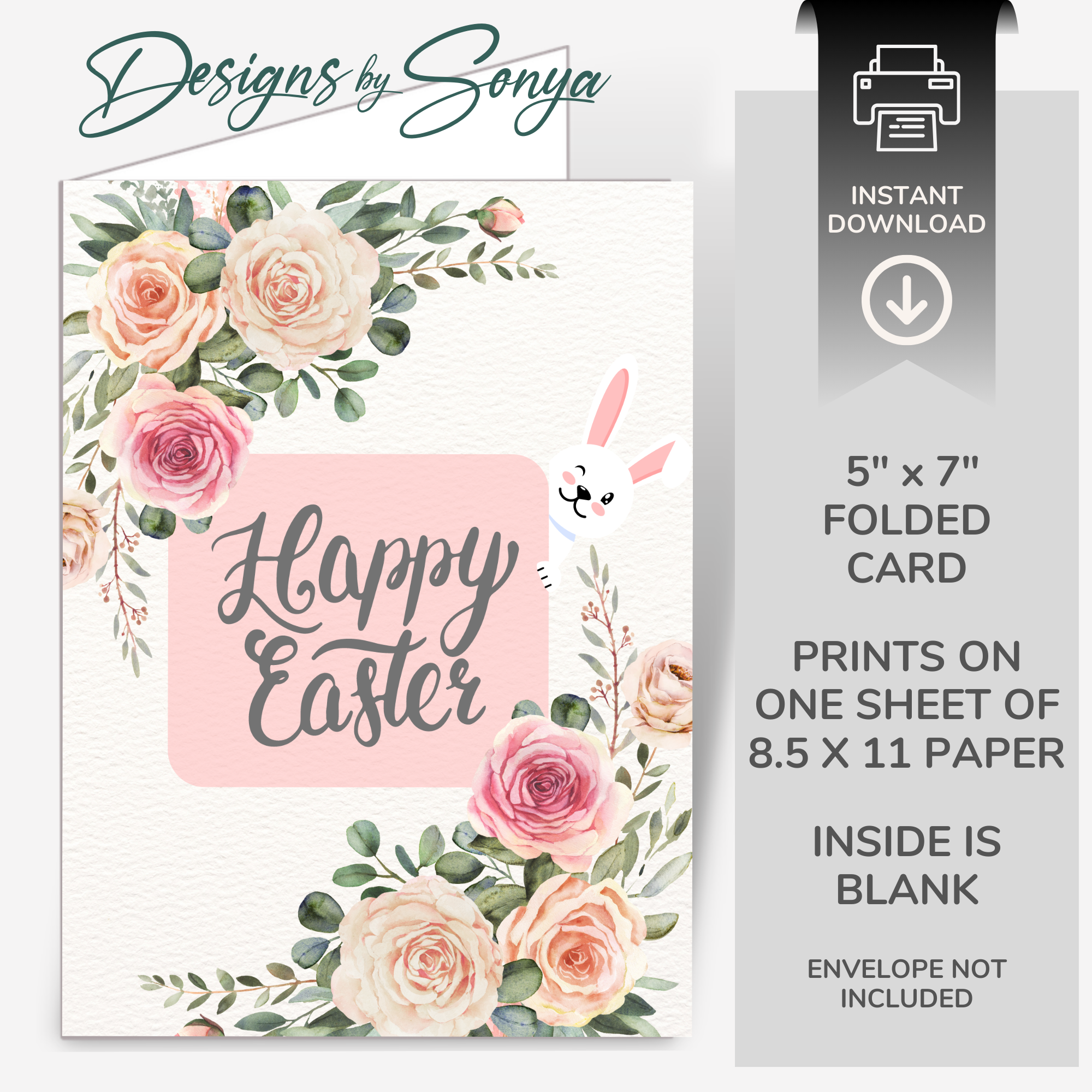 Elegant Custom Designed 5 x 7 Printable Greeting Card - Floral Design of Pink and Beige Roses adorned with "Happy Easter" - Instant Download