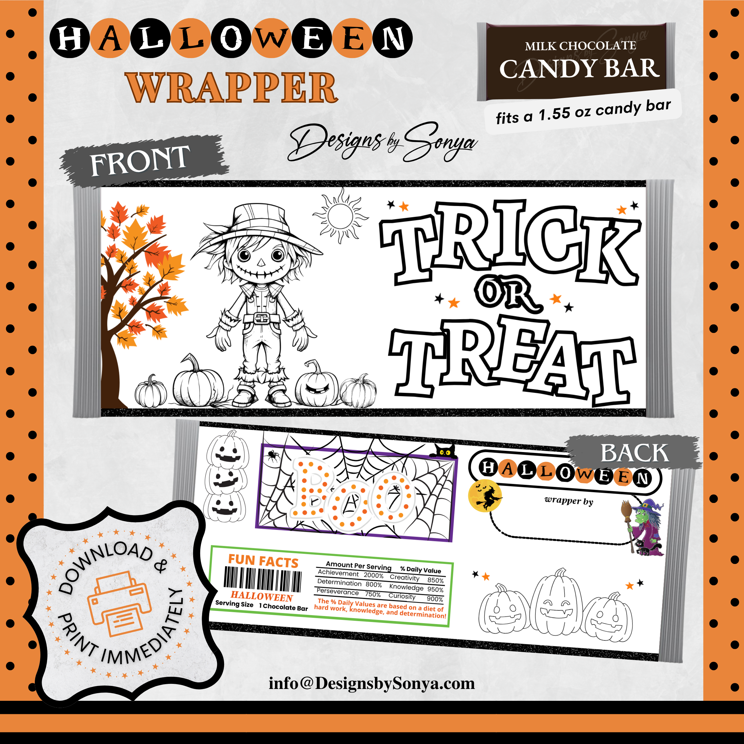 Classroom Activity for Teachers | Halloween Digital Coloring Candy Bar Wrapper | Instant Download Printable for Trick-or-Treat Party Favors