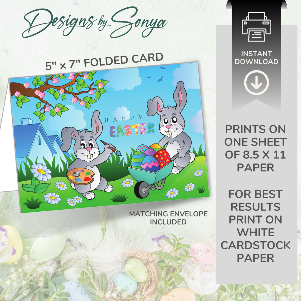 DIY Bunny Printable Easter Greeting Card | Digital Download | 5x7 Folded Card with Envelope | Cute Spring Design | Instant Print at Home