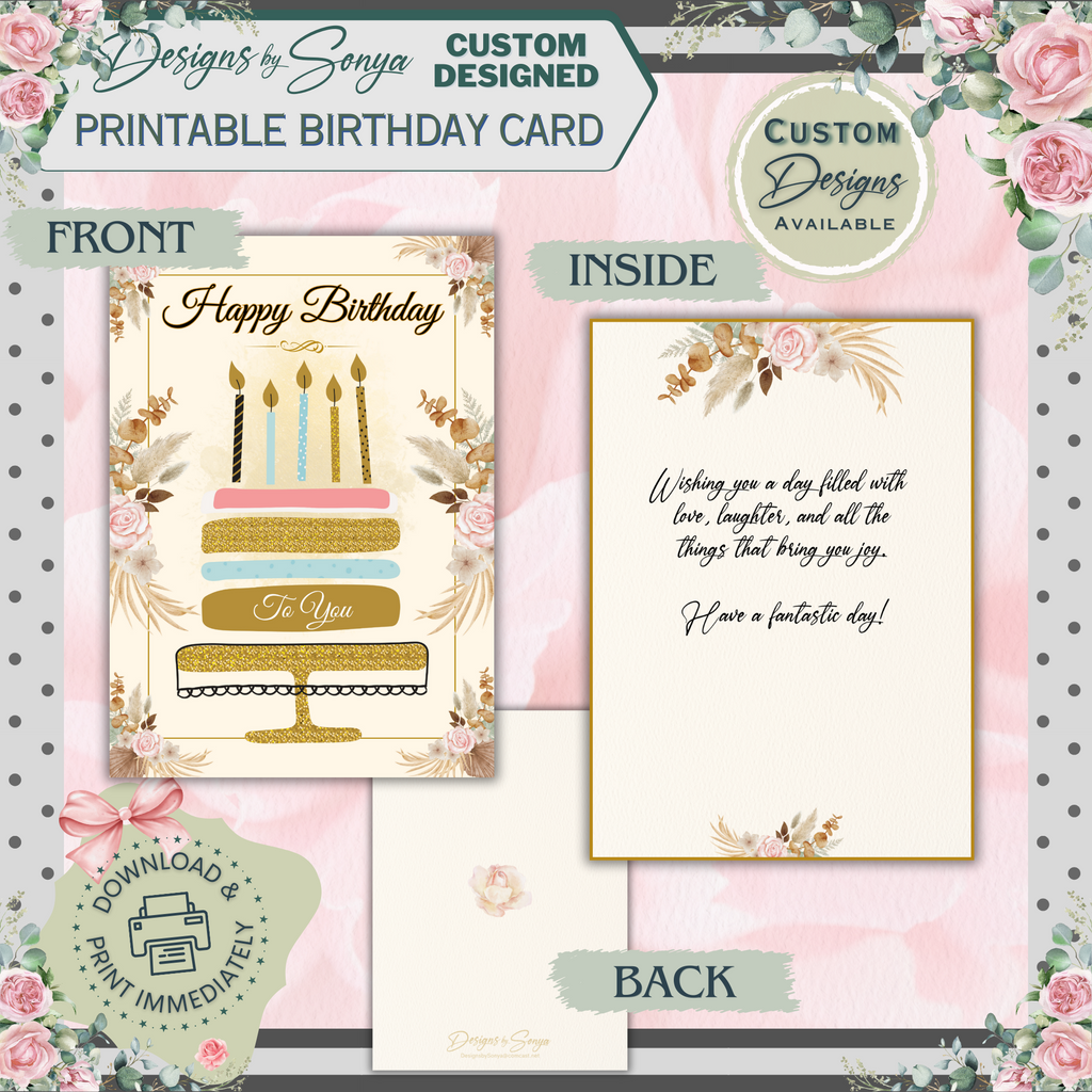 Elegant Gold & Floral Birthday Card 5x7 | Printable Birthday Card | Fits A7 Envelope | Custom Insert Message | Digital Download | Print at Home