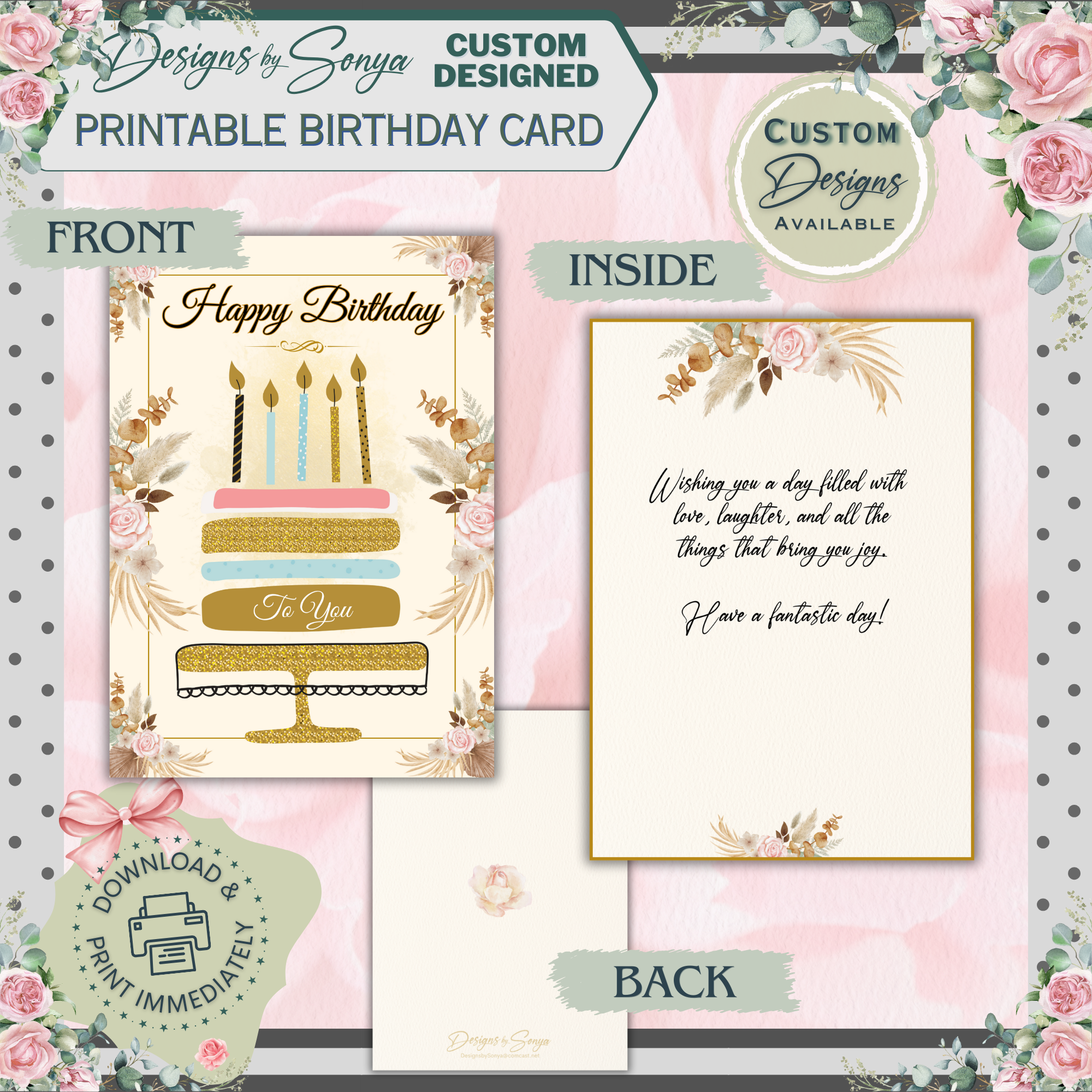 Elegant Gold & Floral Birthday Card 5x7 | Printable Birthday Card | Fits A7 Envelope | Custom Insert Message | Digital Download | Print at Home