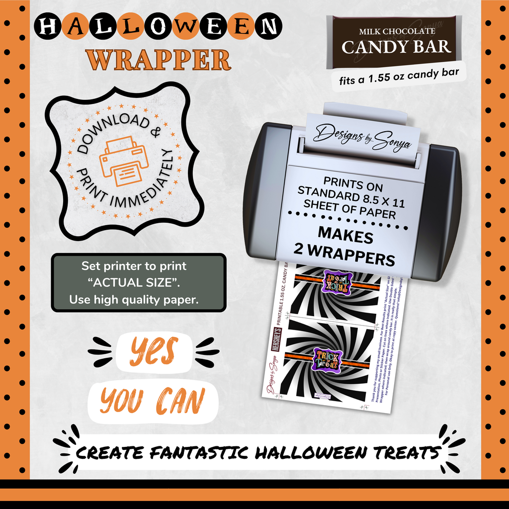 Custom Halloween Digital Candy Bar Wrapper | Printable Candy Bar Covers | Instant Download for Trick-or-Treat Party Favors | Fits 1.55 oz Hershey's Chocolate Bar