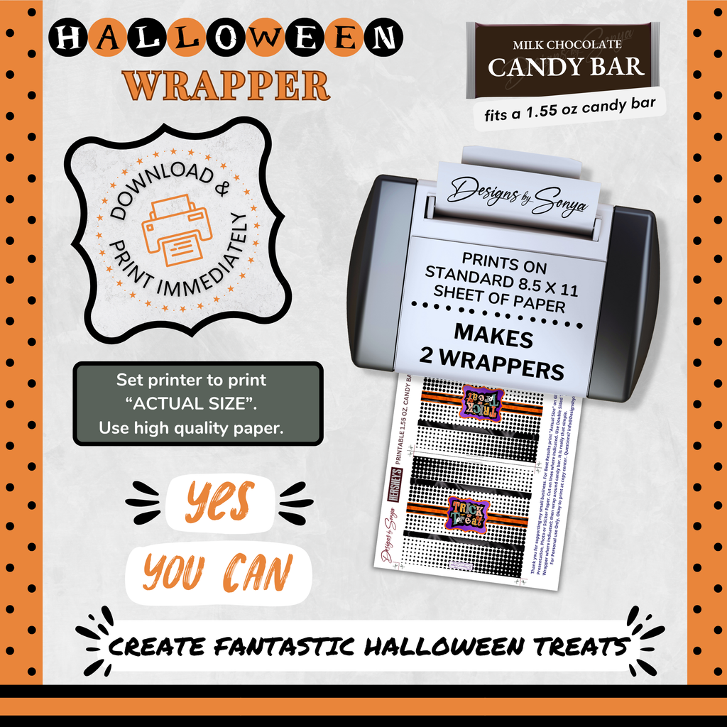 Custom Halloween Digital Candy Bar Wrapper | Printable Candy Bar Covers | Instant Download for Trick-or-Treat Party Favors | Fits 1.55 oz Hershey's Chocolate Bar