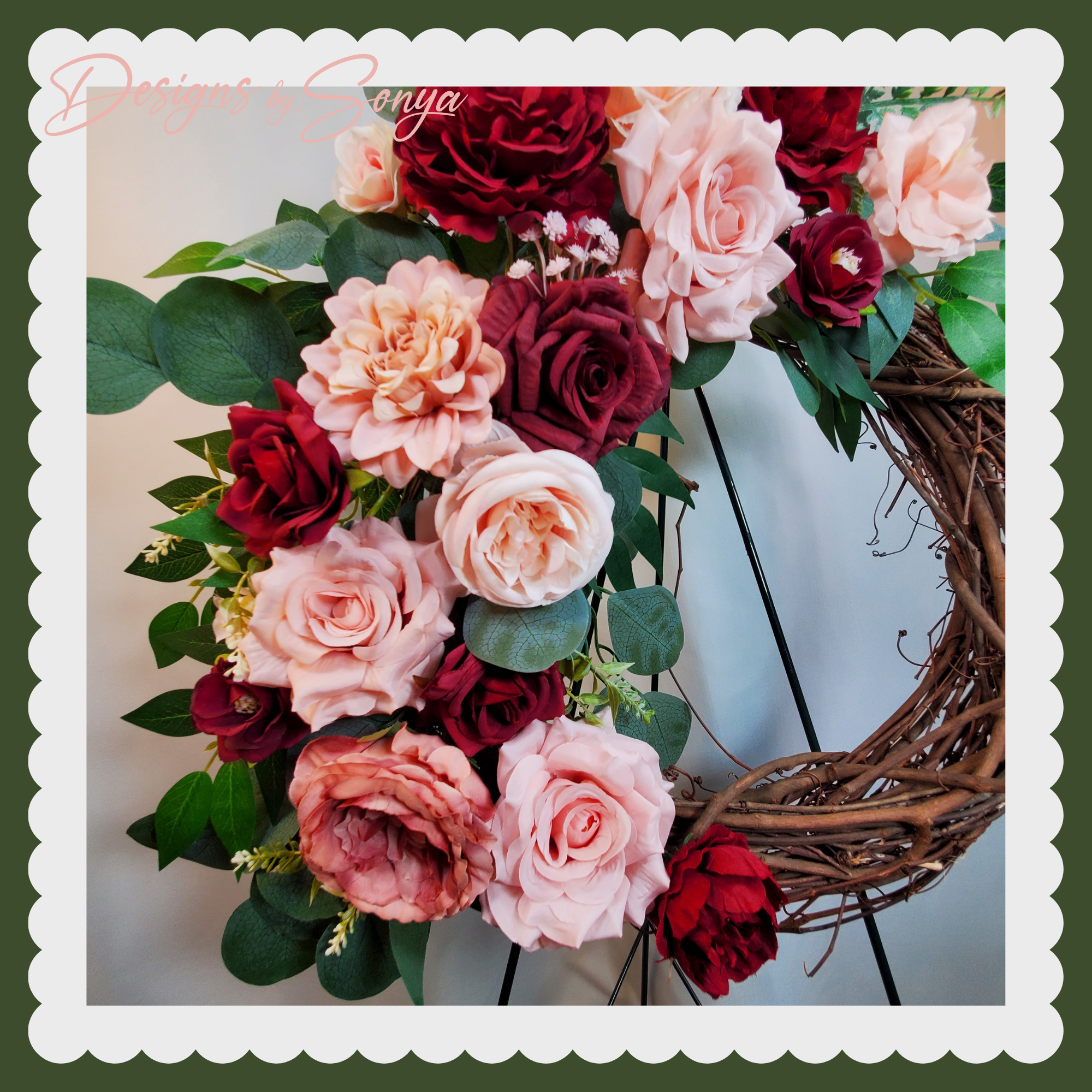 Grapevine Front Door Wreath - Country Rustic Porch, Memorial Service Handcrafted with Roses, Camellias, Dahlias, Greenery
