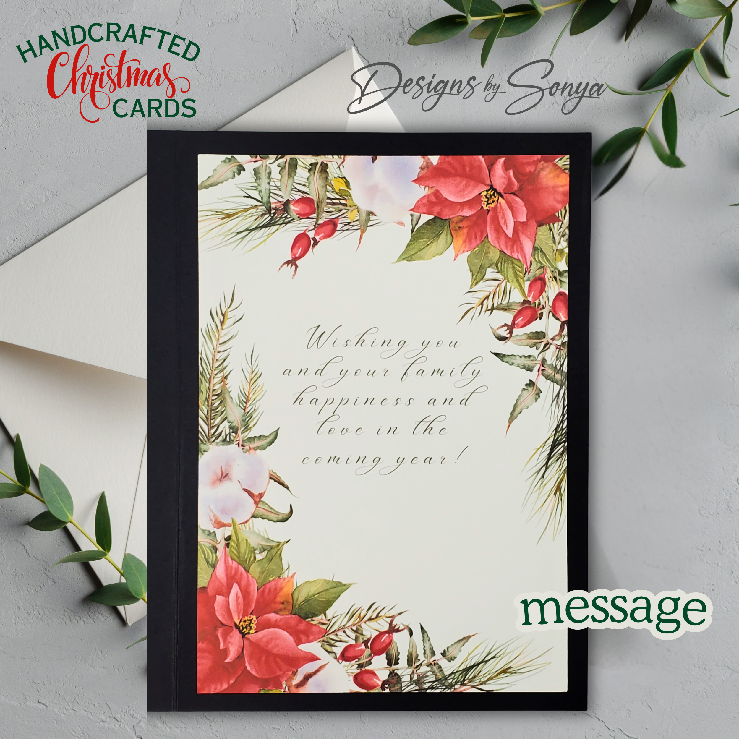 A7 Black & Silver Glitter Merry Christmas Card – Handcrafted 5"x7" Holiday Greeting with Holly Gems, Elegant Keepsake for Gift-Giving