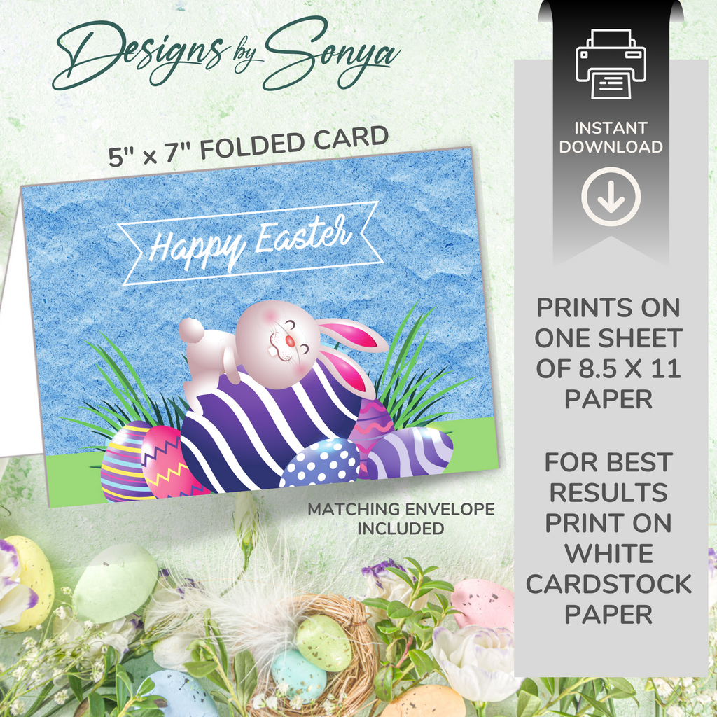 Sleepy Bunny Happy Easter | Custom Designed | 5x7 Printable Greeting Card | Includes Matching Envelope | Instant Download | Print from Home