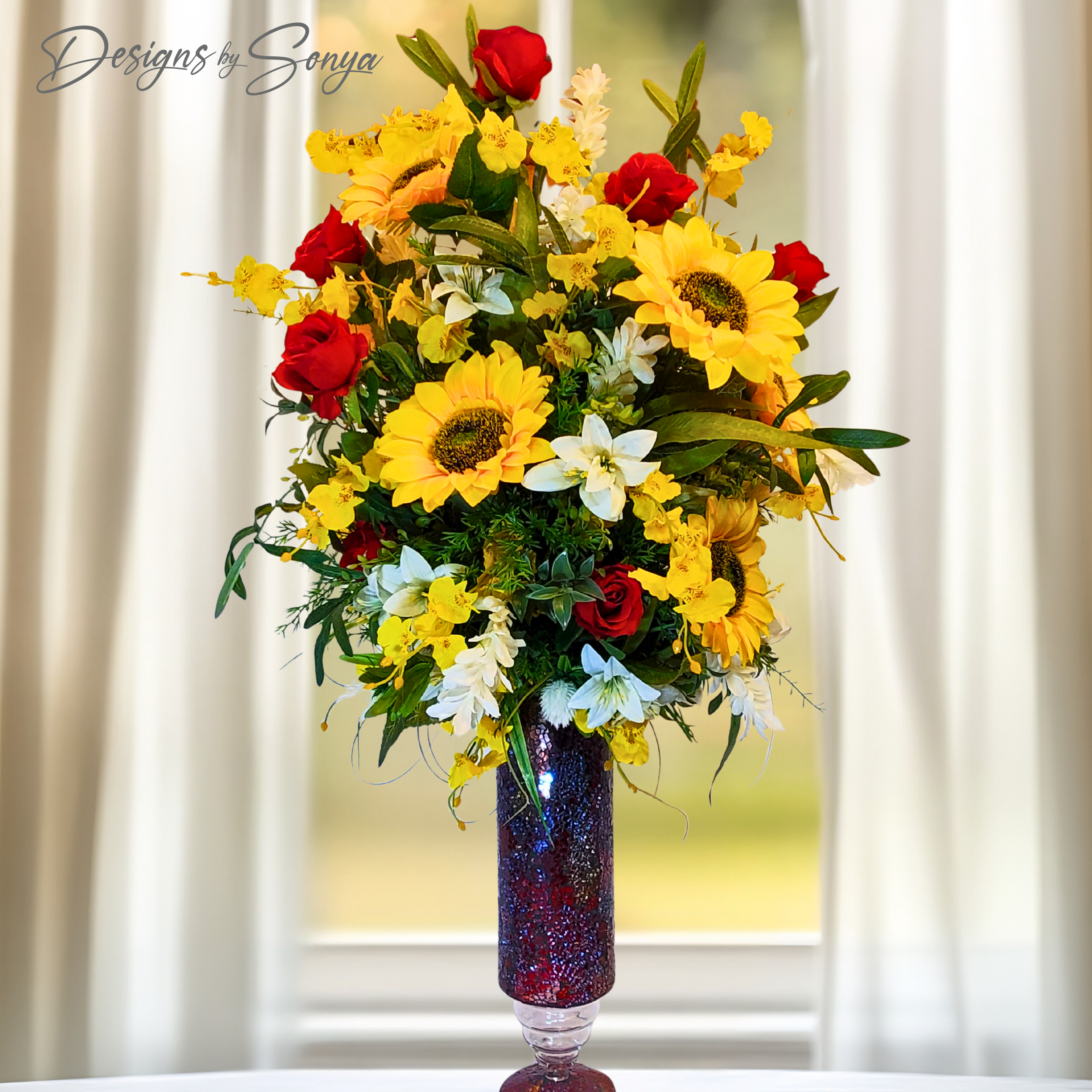 Sunflower & Red Rose Floral Arrangement Insert – Artificial Centerpiece for Home Decor, Table Display, Parties, Summer Flowers, Ready to Ship
