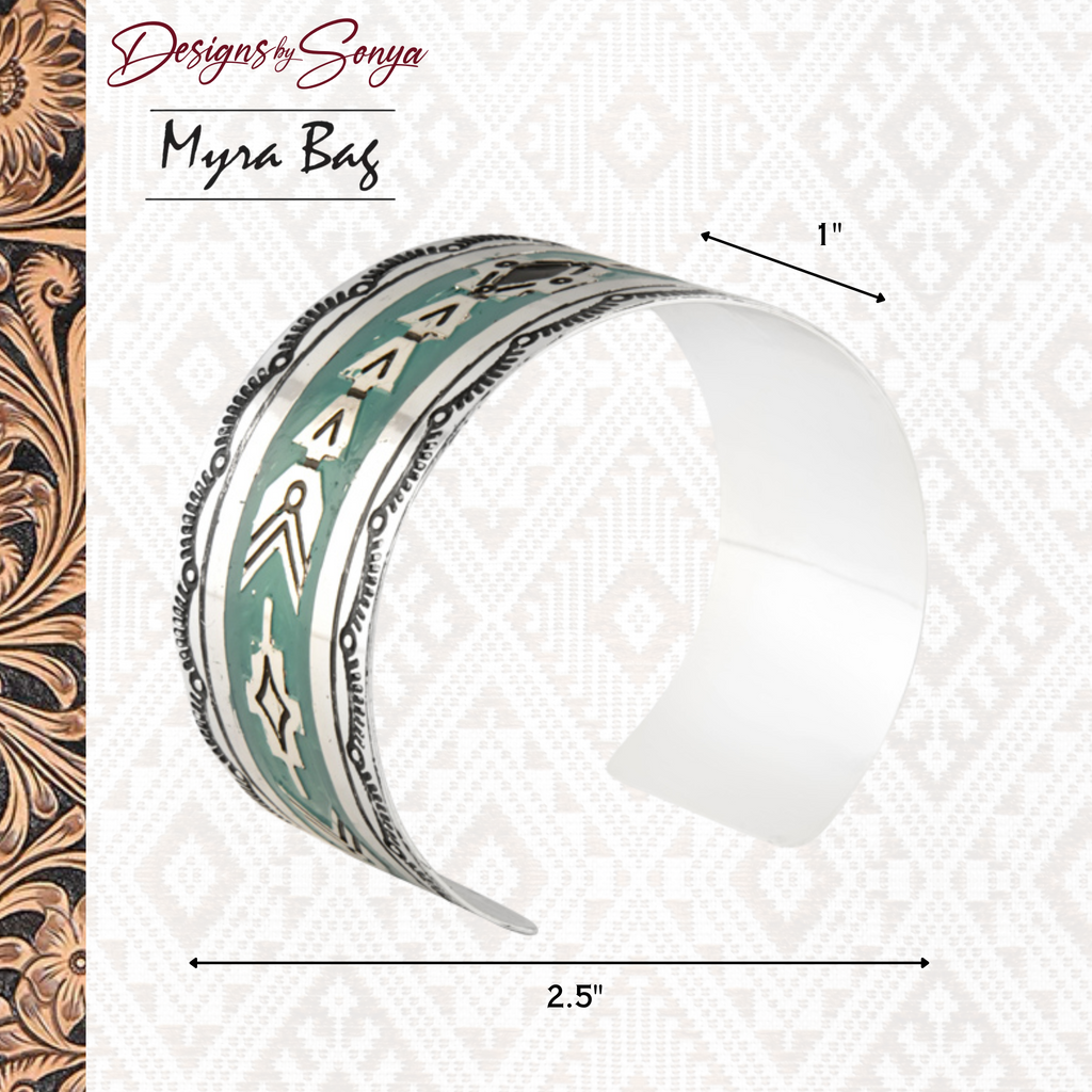 Mesa Heritage Etched Metal Cuff Southwestern Tribal Bracelet | Silver, Turquoise and Black | Myra Bags | S-8280