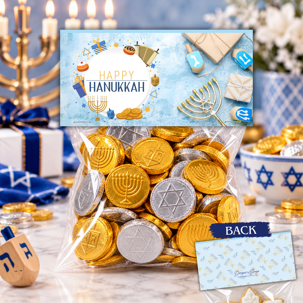 Printable Hanukkah Treat Bag Topper | Happy Hanukkah Candy Bag Topper | Menorah, Dreidels & Gifts | Jewish Holiday Party Favor | 4" x 2" PDF