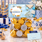 Printable Hanukkah Treat Bag Topper | Happy Hanukkah Candy Bag Topper | Menorah, Dreidels & Gifts | Jewish Holiday Party Favor | 4" x 2" PDF