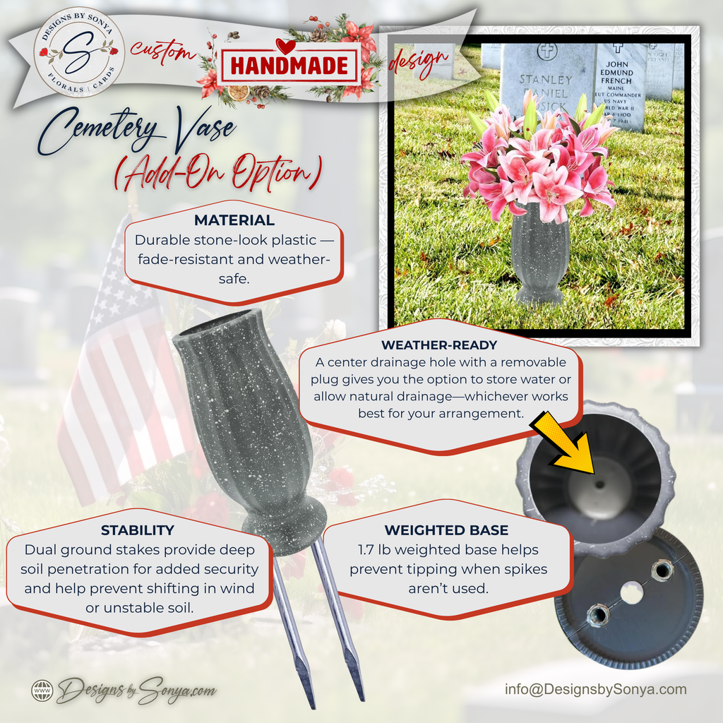 Gray Cemetery Vase with Dual Metal Stakes – Weather-Ready Graveside Flower Holder – Stable Weighted Design for Memorials & Headstones (Add-On Option)