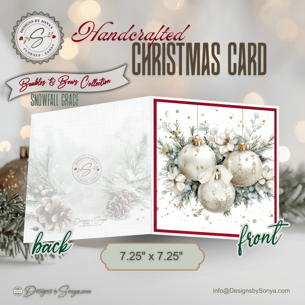 Handcrafted Ornament Design Christmas Card – Unique 7.25” Square Holiday Greeting, Red Satin Bows, Choice of 7 Interior Verses or Custom