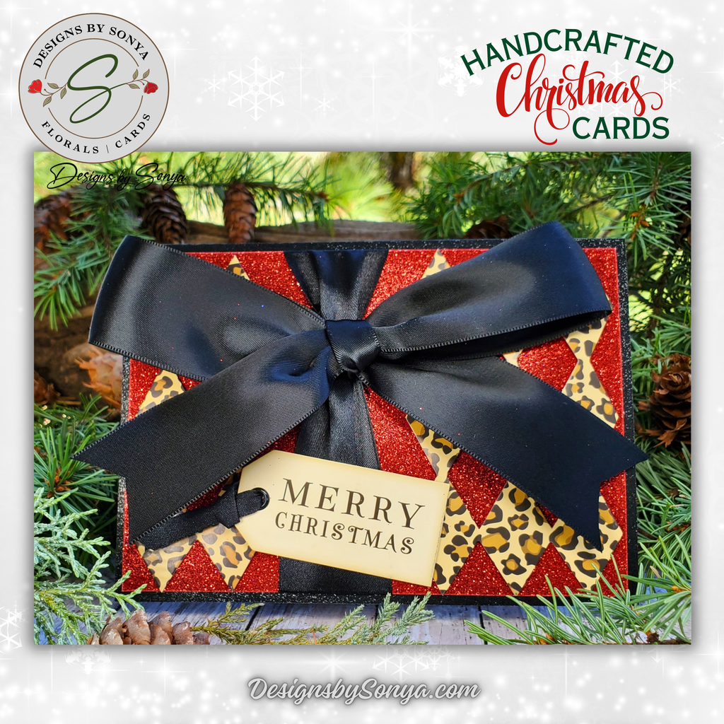 Merry Christmas Card with Leopard & Red Glitter | Handcrafted Holiday Card with Bow | Unique A7 Keepsake for Gift-Giving