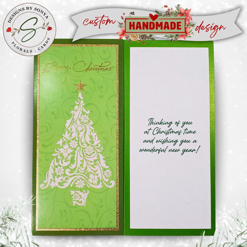 Handcrafted Merry Christmas Tree Card with Gold Star | Green Holiday Card | Elegant Design, 3.75"x8.25"