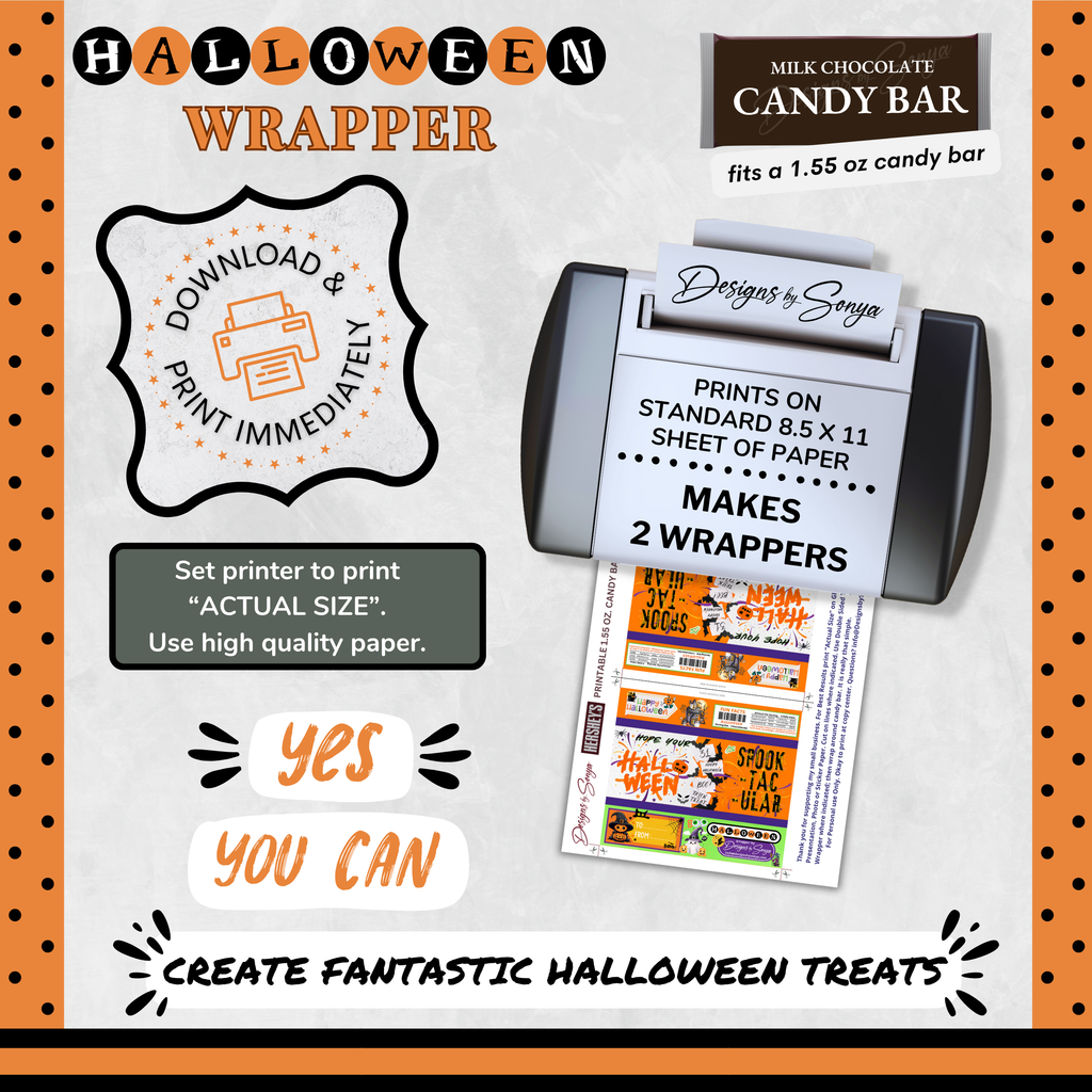 Custom Halloween Digital Candy Bar Wrapper | Printable Candy Bar Covers | Instant Download for Trick-or-Treat Party Favors | Fits 1.55 oz Hershey's Chocolate Bar