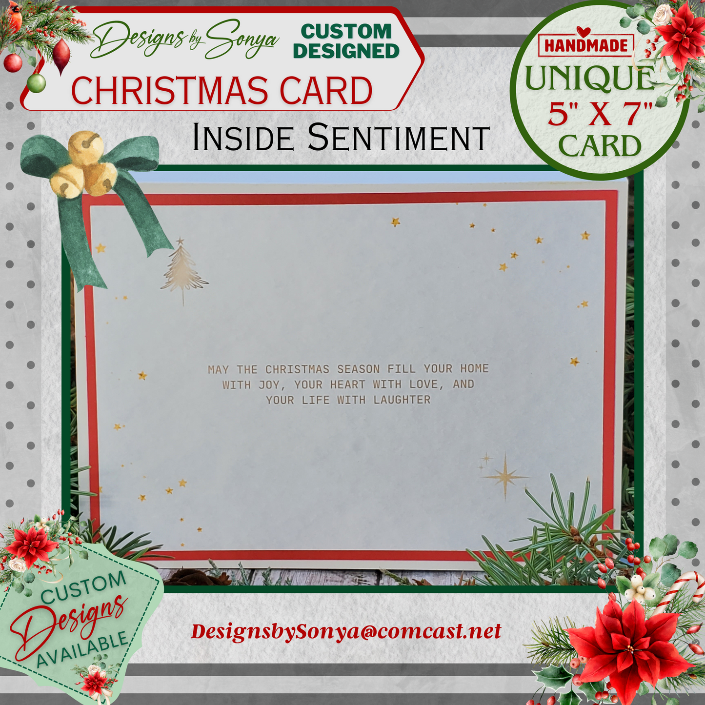 Custom Designed 3D Layered | Festive Gold and Red Glitter | 5" x 7" Merry Christmas Card | Red Satin Ribbon and Bow | Holiday Greetings
