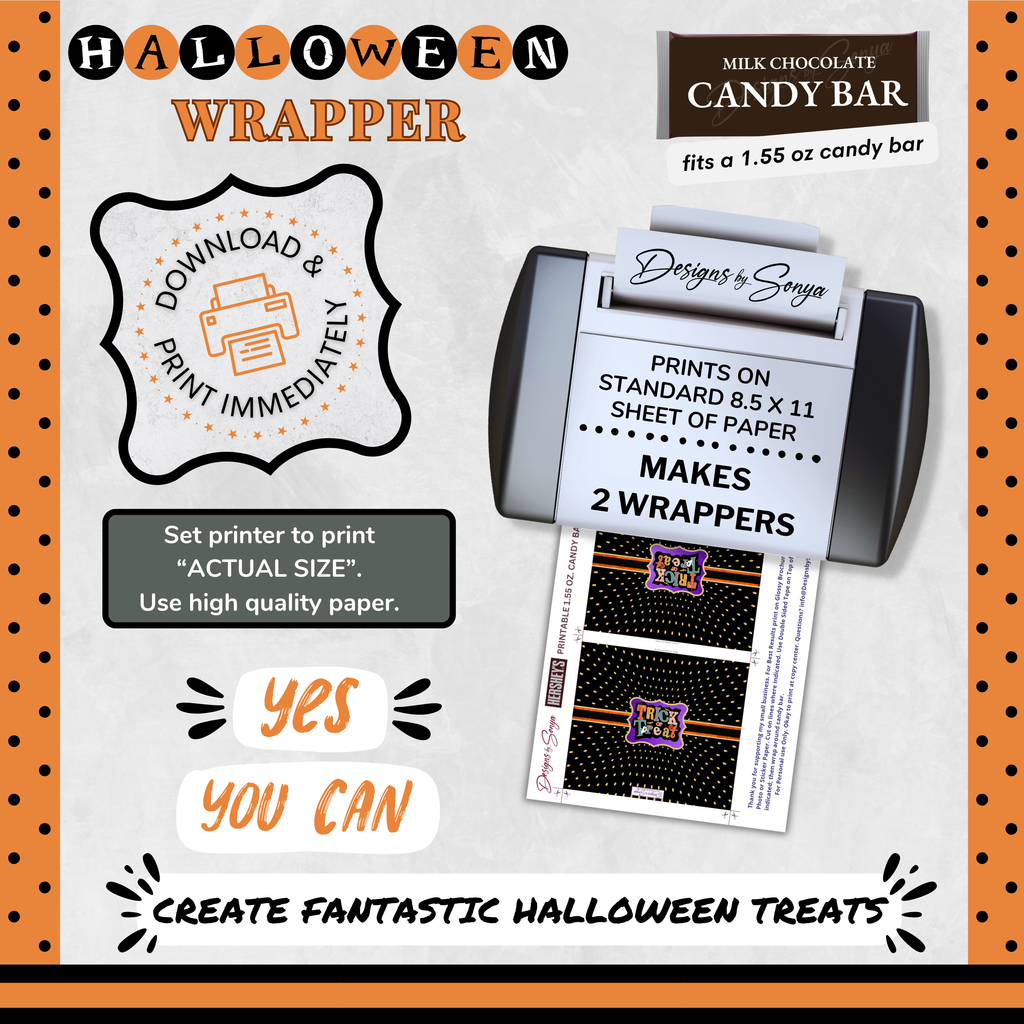 Custom Halloween Digital Candy Bar Wrapper | Printable Candy Bar Covers | Instant Download for Trick-or-Treat Party Favors | Fits 1.55 oz Hershey's Chocolate Bar