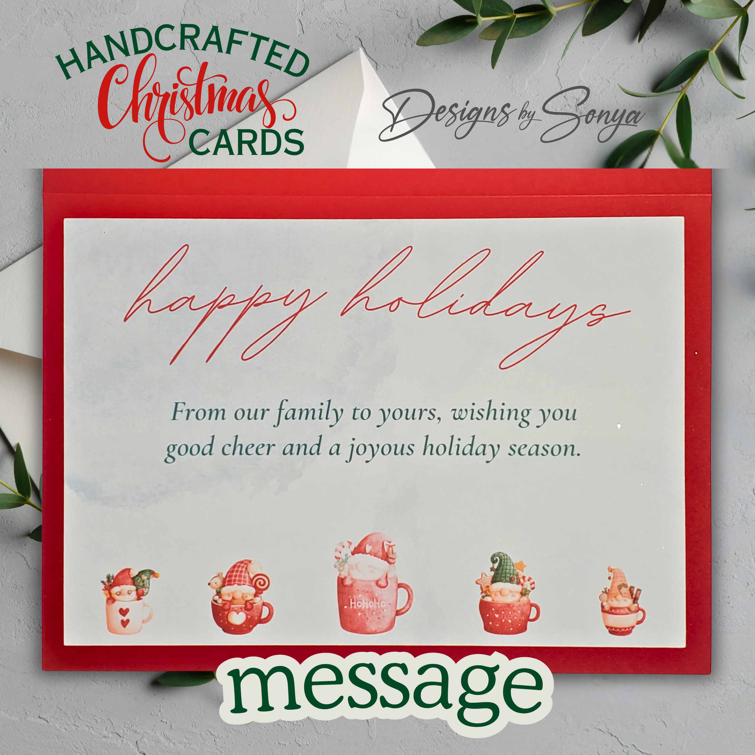 Good Cheer Holiday Card with Red Mugs | Handcrafted A7 Christmas Card | Fun Festive Greeting for Friends, Family, or Corporate Gifting