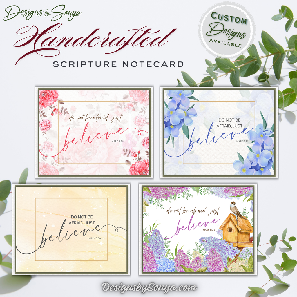Handcrafted Christian Notecard – Blush Cherry Blossom Card – Mark 5:36 “Just Believe” – A2 Blank Scripture Encouragement Card – Faith Stationery