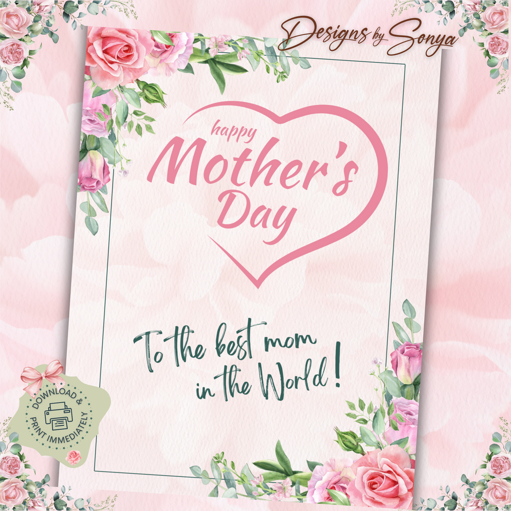 Pink Roses Mother's Day | Custom Designed | 5 x 7 Printable Greeting Card | Matching Envelope Included | Instant Download | Print from Home