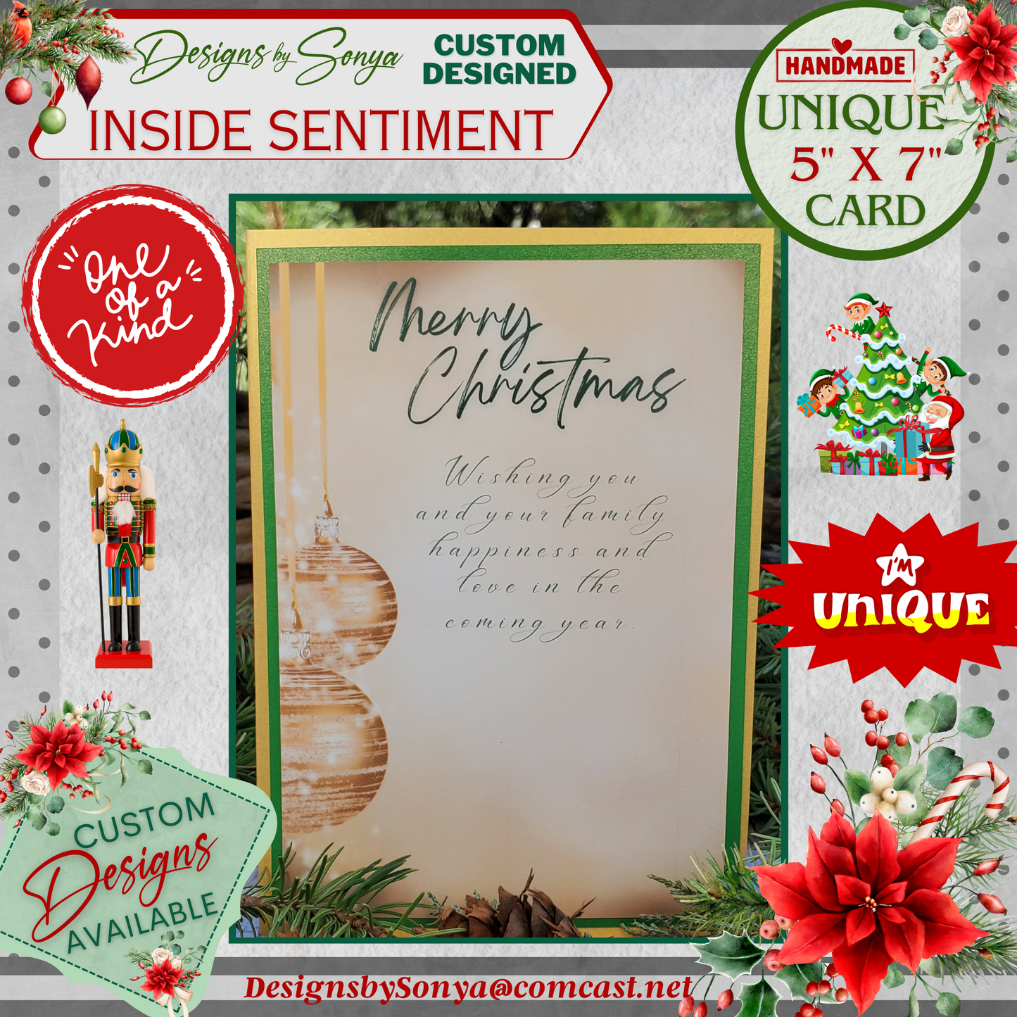 LIMITED EDITION | Elegant Green Ornament Christmas Card | 5"x7" Handcrafted Holiday Greeting Card | Festive Merry Christmas & New Year Card