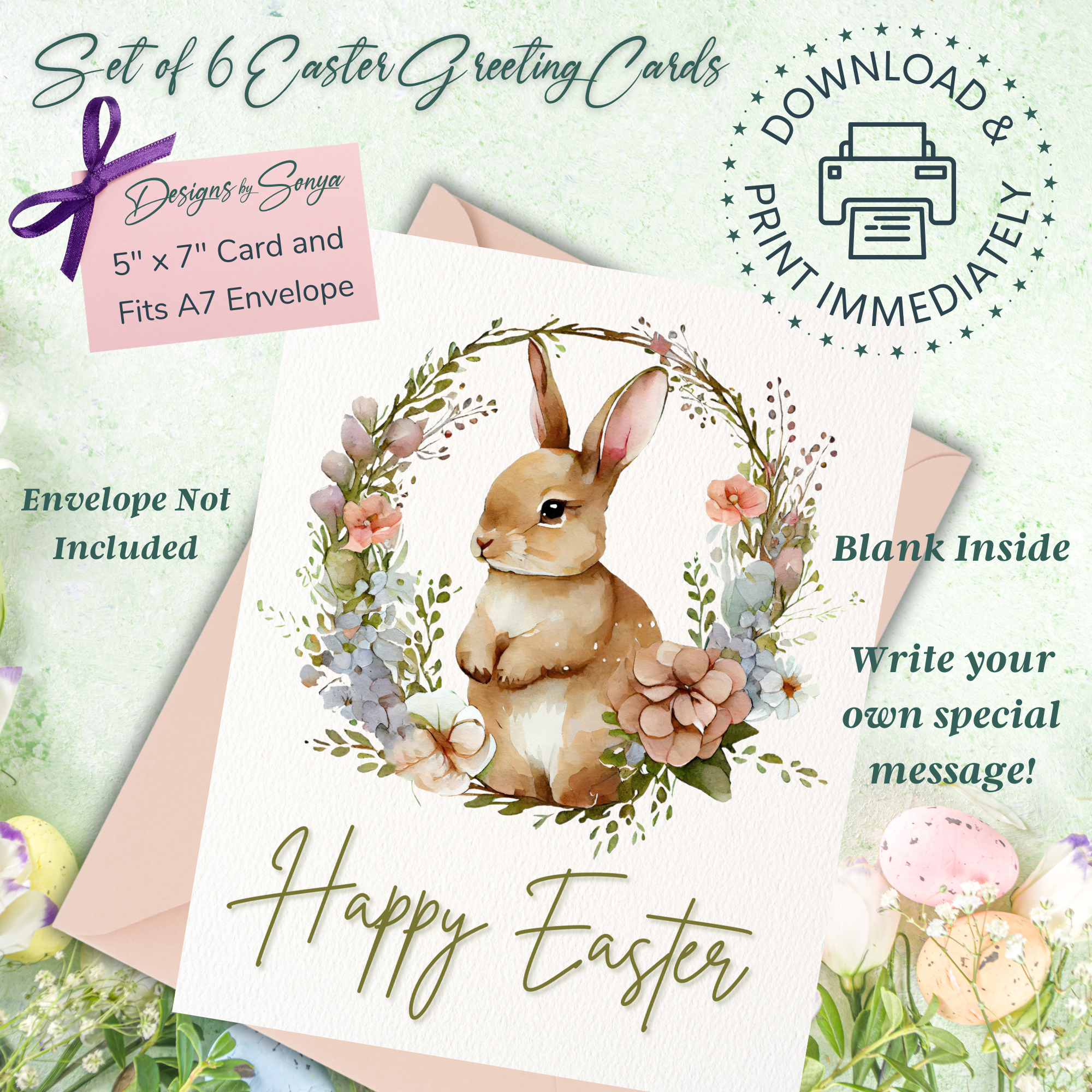 Elegant Custom Designed Set of 6 Printable 5 x 7 inch Happy Easter Greeting Cards - Floral Designs with an Adorable Rabbit -Instant Download
