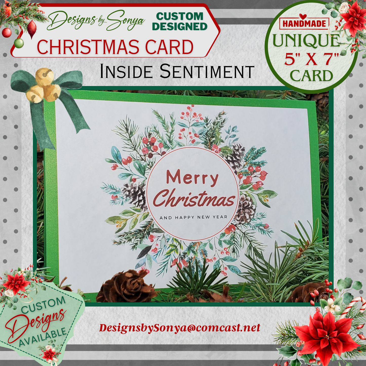 LIMITED EDITION | Handmade Christmas Wreath Card - 5x7 Holiday Seasons Greeting - Festive Red & Green with Ribbon Bow and Sparkle Accents