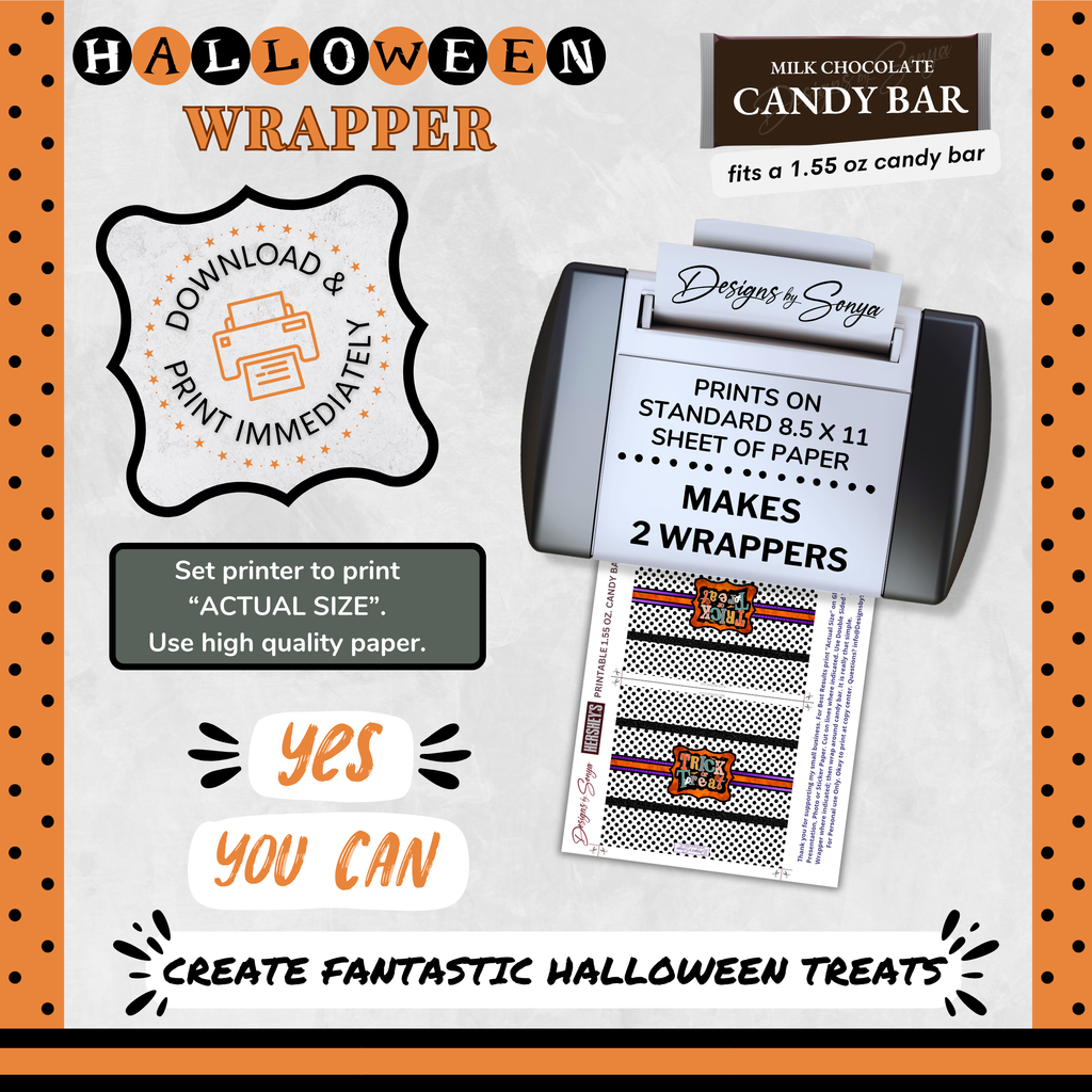 Custom Halloween Digital Candy Bar Wrapper | Printable Candy Bar Covers | Instant Download for Trick-or-Treat Party Favors | Fits 1.55 oz Hershey's Chocolate Bar