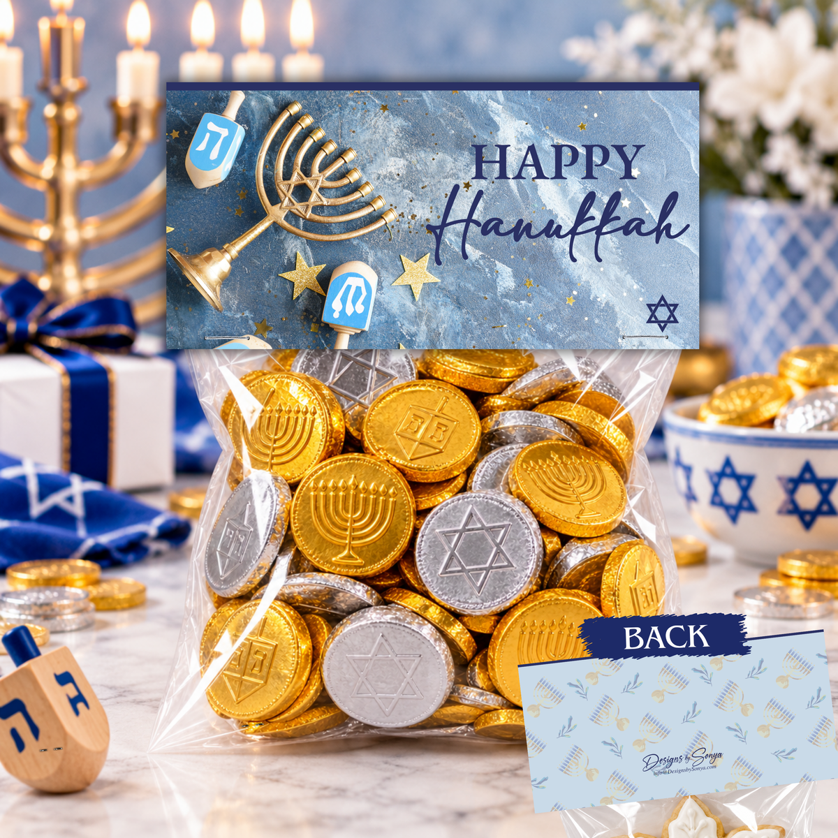 Printable Hanukkah Treat Bag Topper | Happy Hanukkah Candy Bag Topper | Menorah & Dreidel Design | Jewish Holiday Party Favors | 4 x 2 PDF