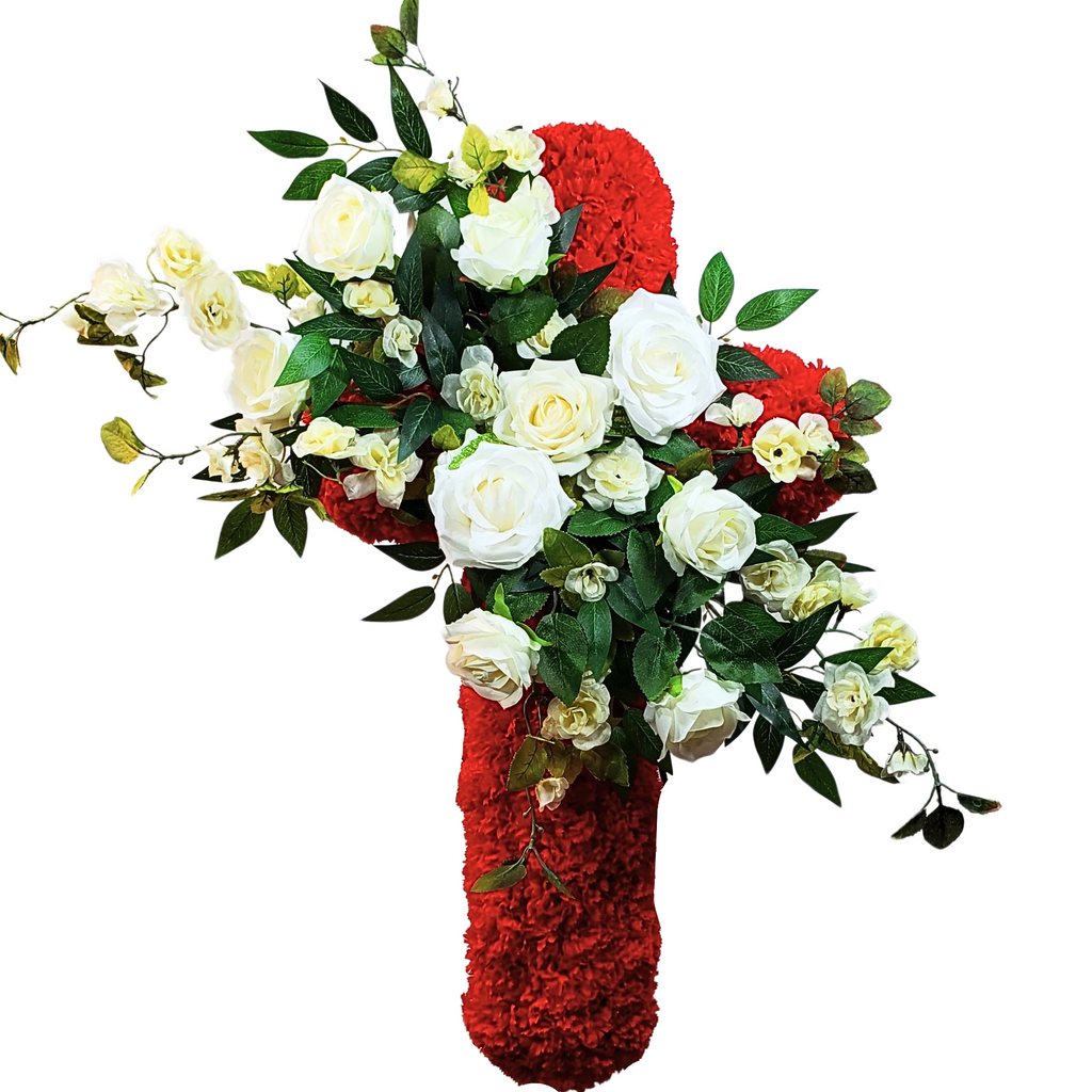 Lasting Honor: Custom Memorial Standing Cross with Red Carnations and White Roses