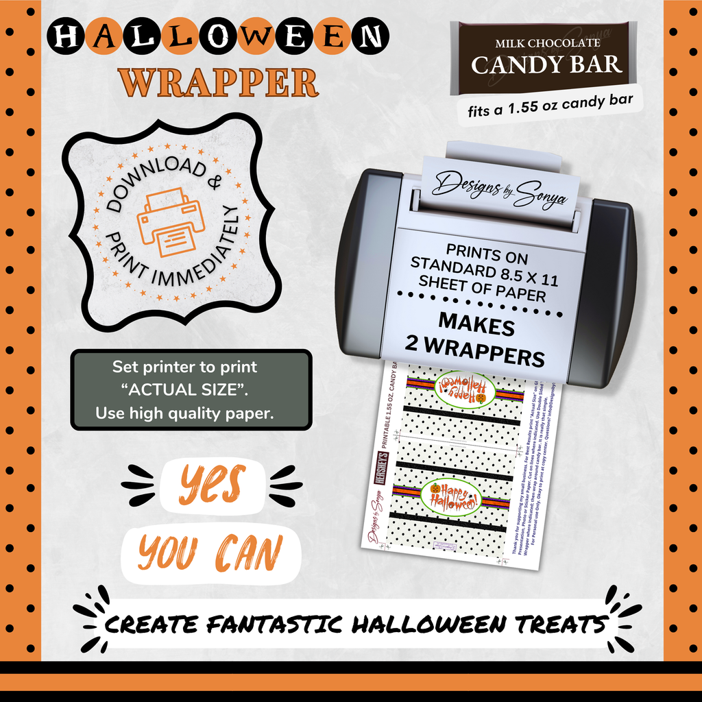 Custom Halloween Digital Candy Bar Wrapper | Printable Candy Bar Covers | Instant Download for Trick-or-Treat Party Favors | Fits 1.55 oz Hershey's Chocolate Bar