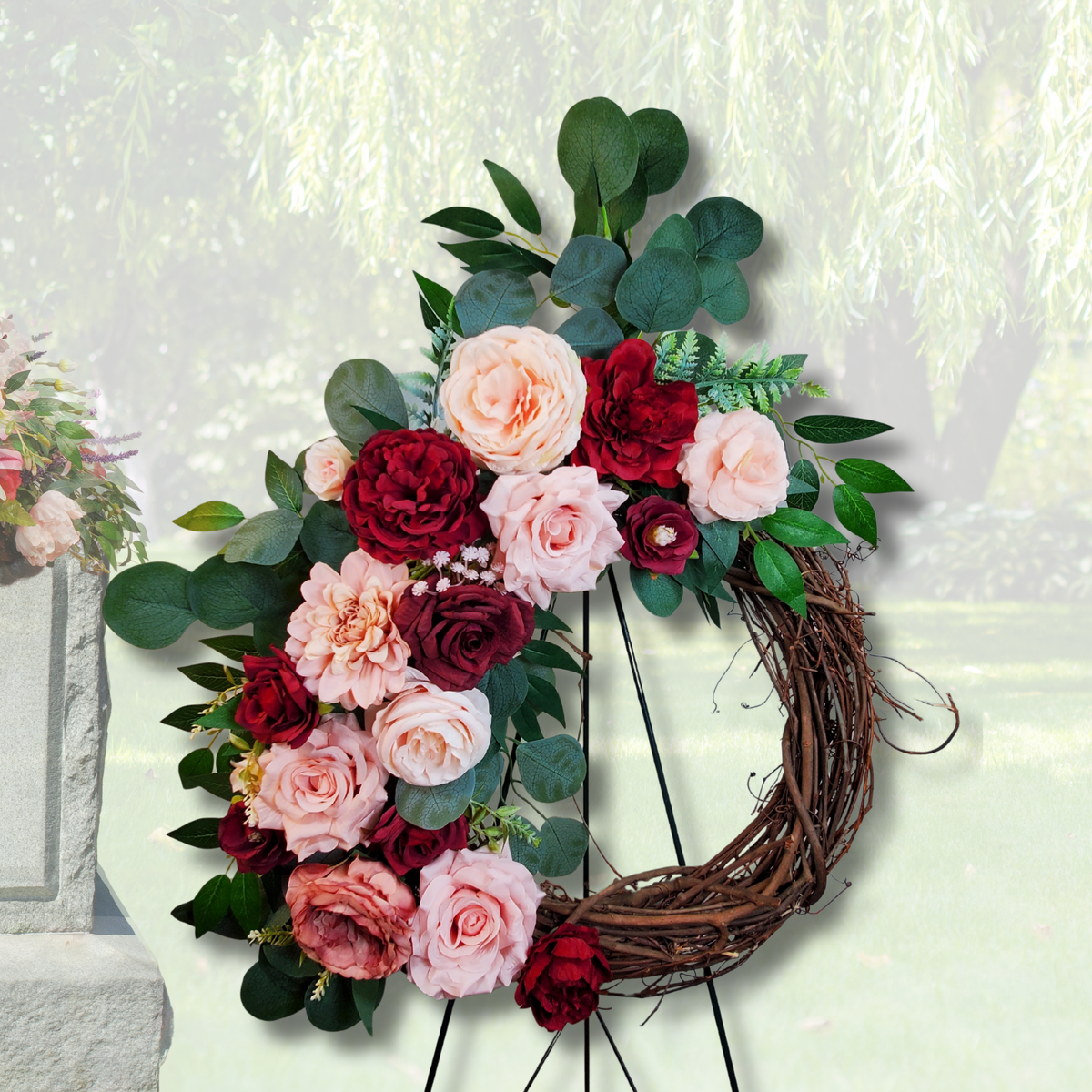 Blush Pink and Burgundy Floral Wreath, Grapevine Front Door Rose Wreath, Romantic Everyday Home Decor