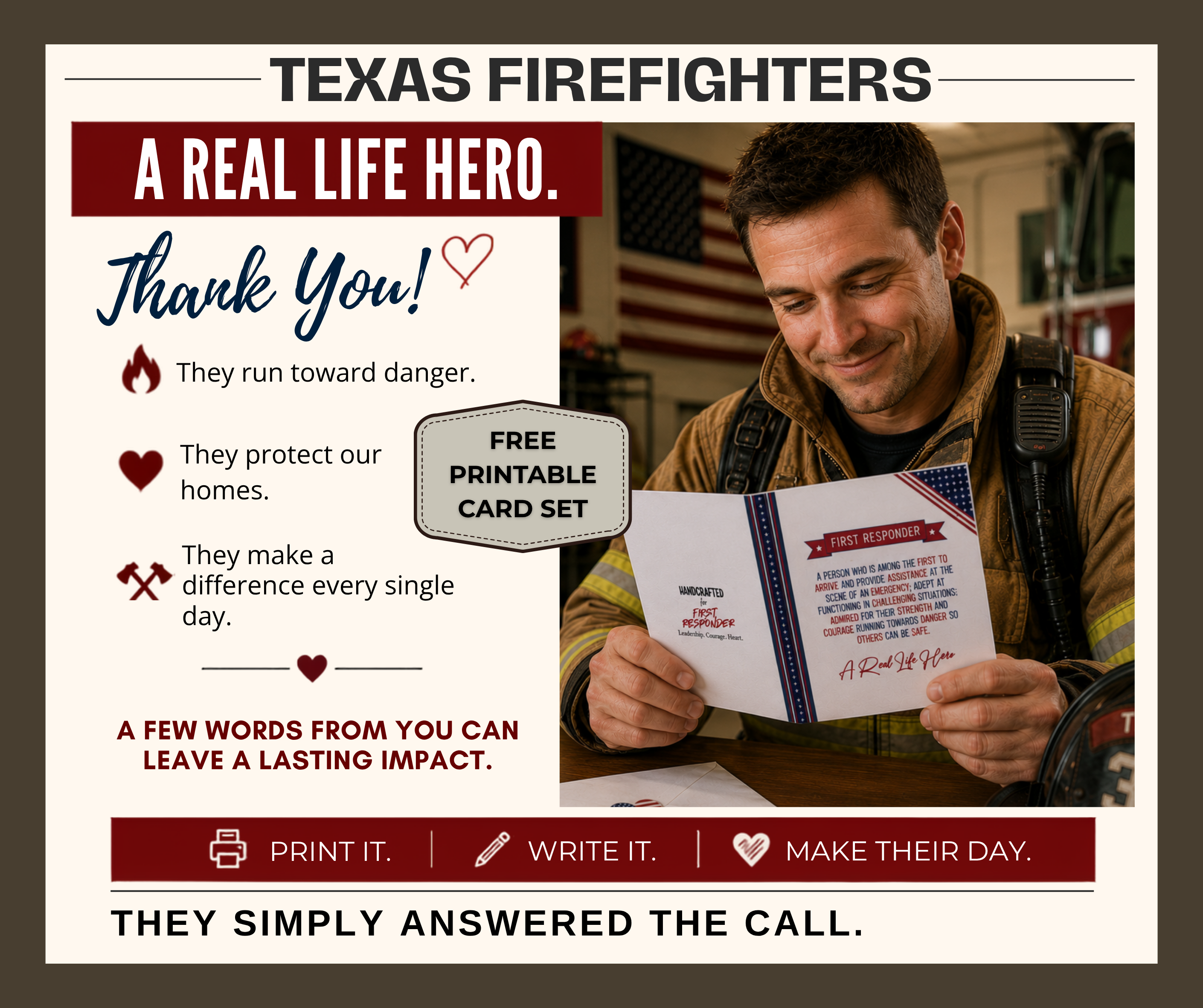 First Responder Thank You Card, A7 A Real Life Hero, Free Printable Card Set
