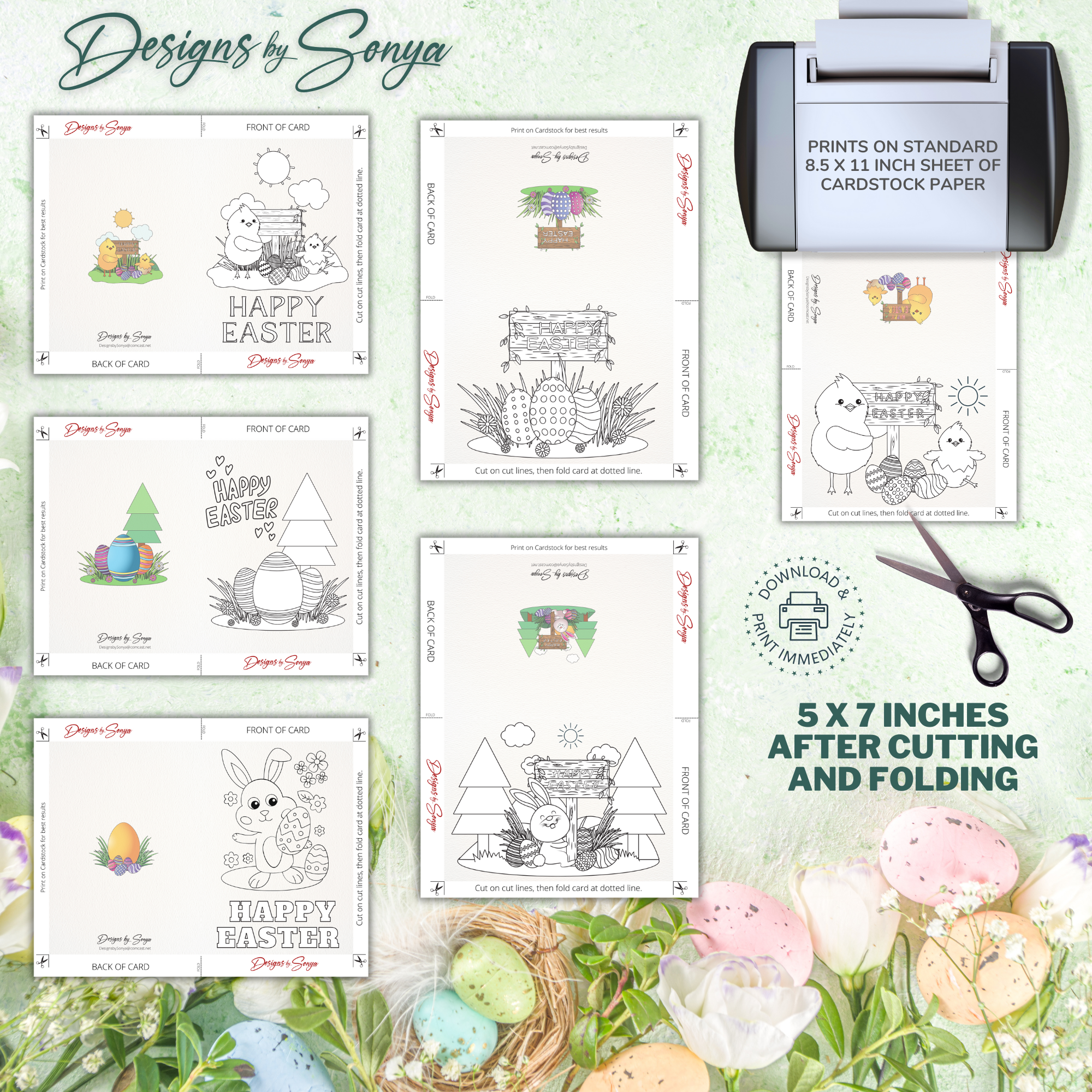 Set of 6 Custom Designed 5 x 7 Printable Happy Easter DIY Kid Coloring Greeting Card Classroom Activity - Instant Download - Print at Home