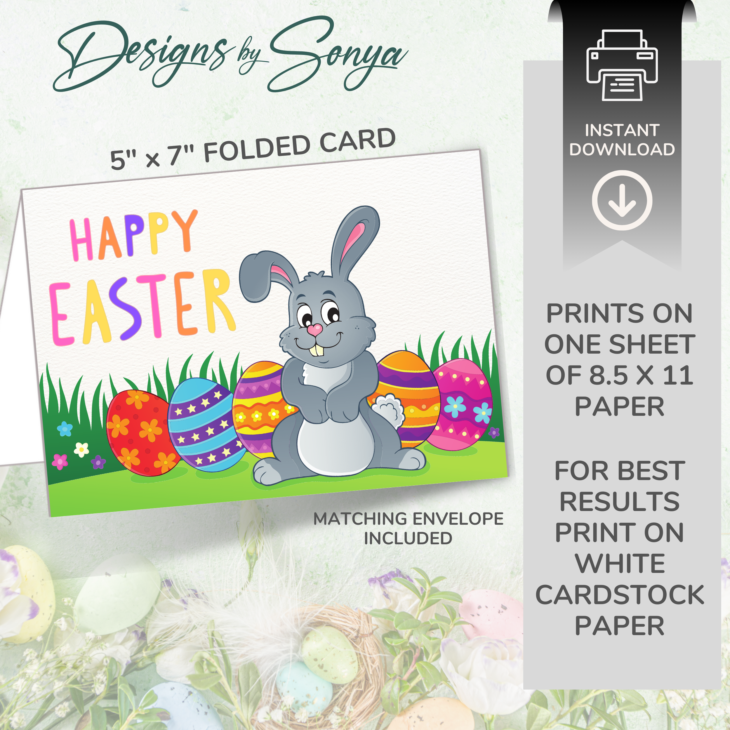 Happy Easter Bunny Printable Card – 5x7 Folded Greeting Card | DIY Instant Download | Easter Digital Card with Matching Envelope