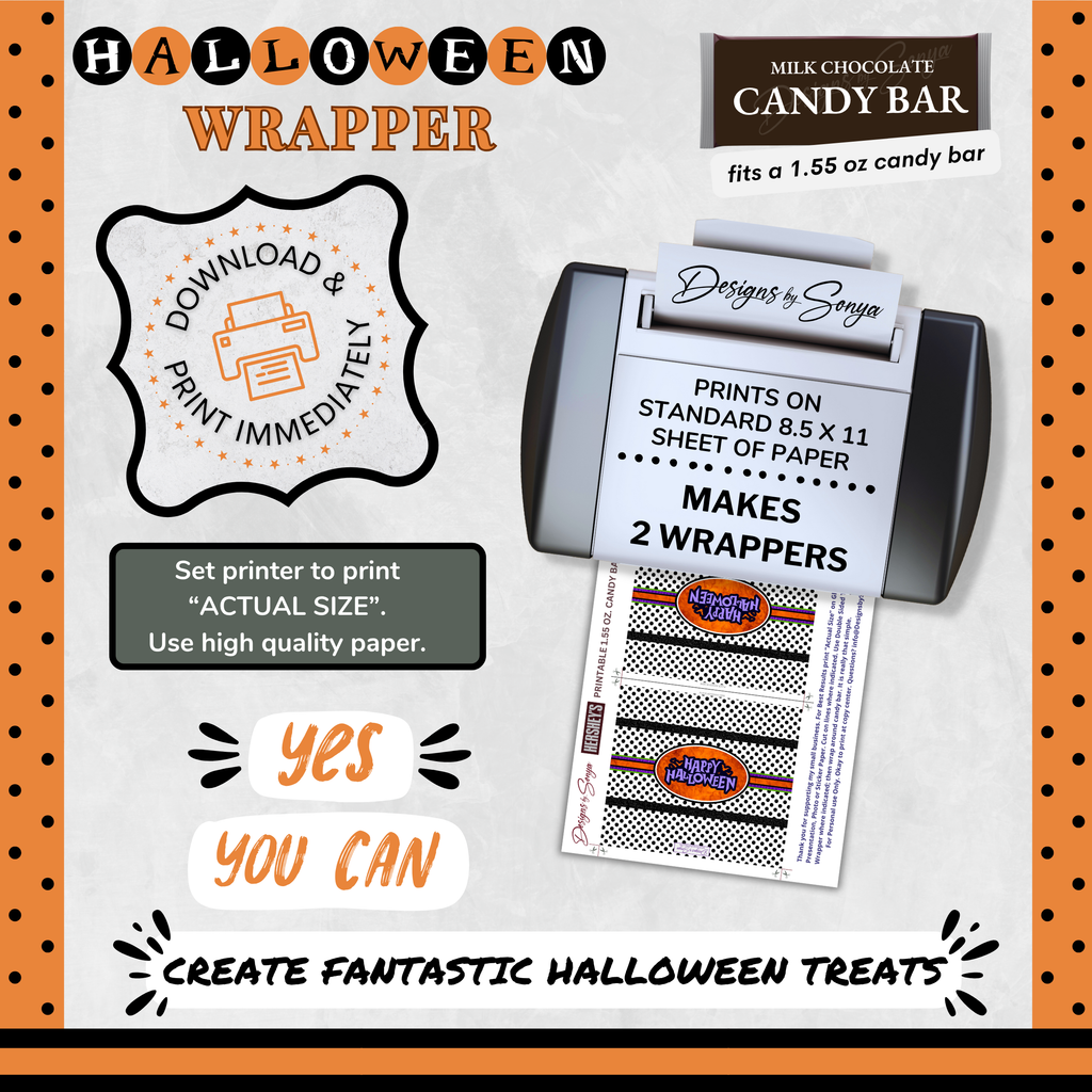 Custom Halloween Digital Candy Bar Wrapper | Printable Candy Bar Covers | Instant Download for Trick-or-Treat Party Favors | Fits 1.55 oz Hershey's Chocolate Bar