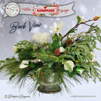 White Winter Floral Arrangement – Custom Designed Christmas Table Décor Centerpiece with Faux Pine, Cedar Greenery and Ivory Roses