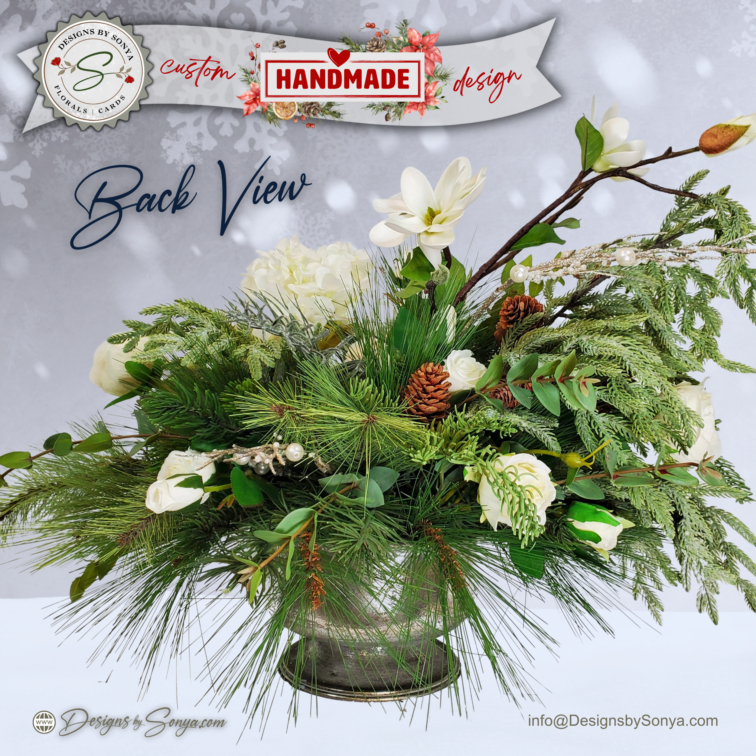 White Winter Floral Arrangement – Custom Designed Christmas Table Décor Centerpiece with Faux Pine, Cedar Greenery and Ivory Roses