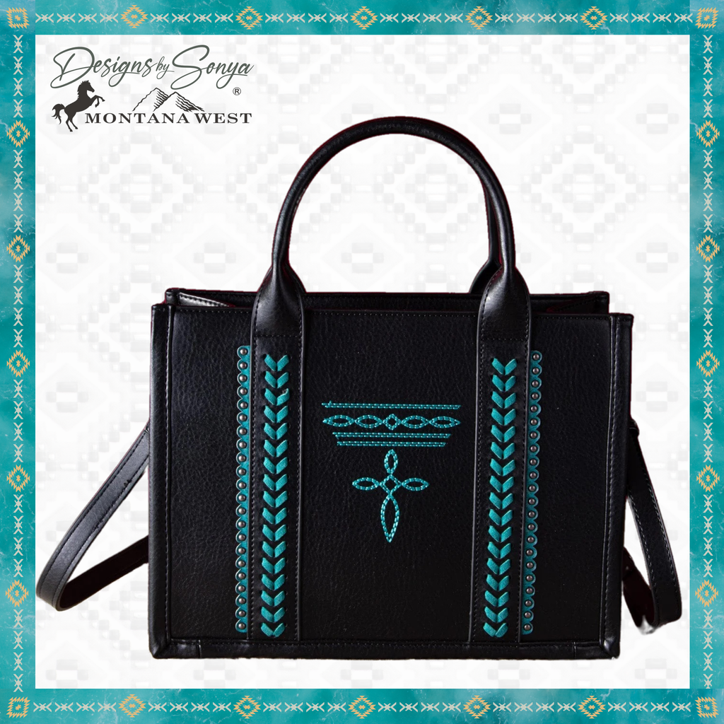 Montana West Whipstitch Concealed Carry Tote with Matching Bi-Fold Wallet | MW1124-H8120SW | Black with Turquoise