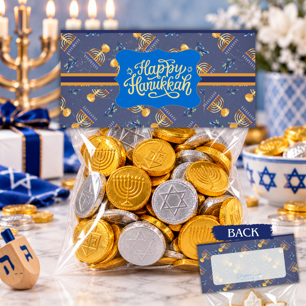 Printable Hanukkah Treat Bag Topper Collection | 4 Different Designs | Menorah & Dreidel Candy Bag Toppers | Jewish Holiday Party Favors | 4" x 2" PDF Download