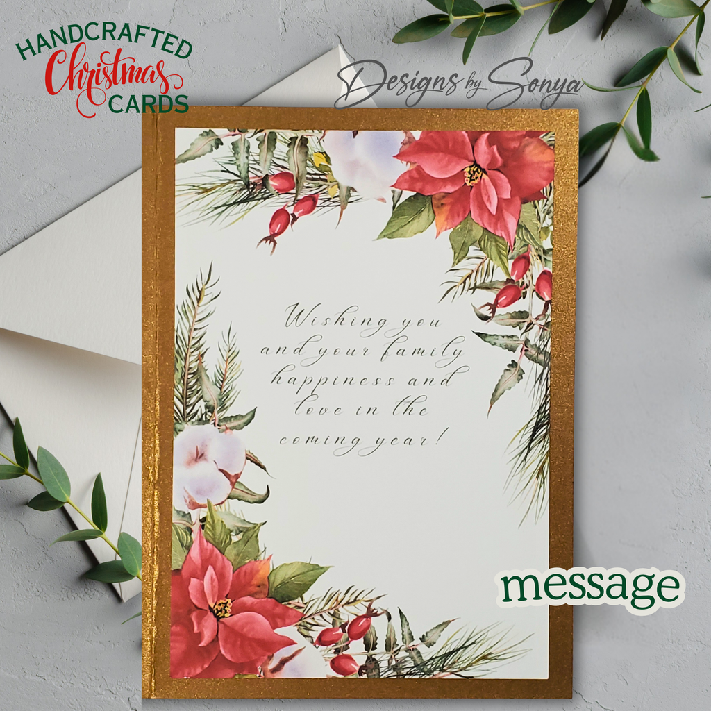 Handmade Gold Glitter Christmas Card with Holly Design – Elegant A7 Holiday Greeting for Corporate Giving, Family, or Keepsake Gifting